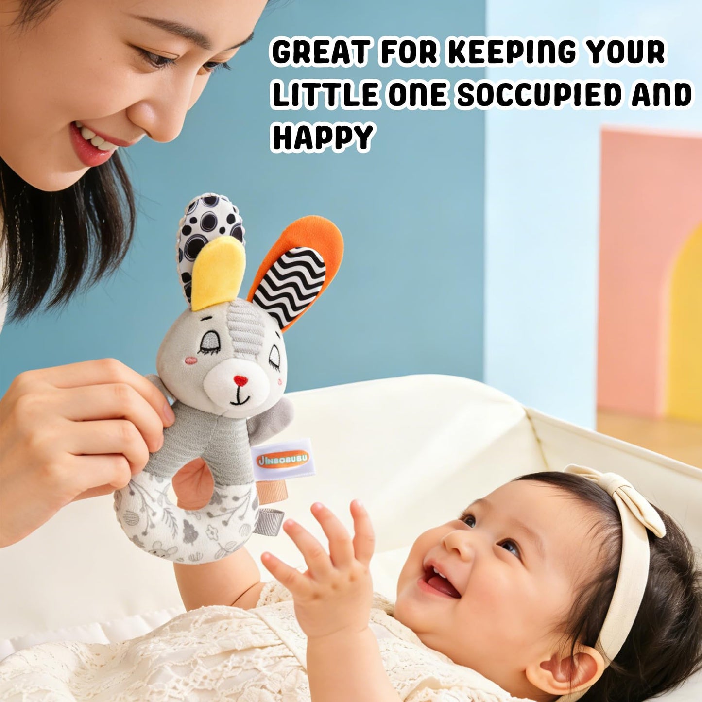 Sensory Shaker Rattle for Babies 0-6 Months, Infant Developmental Toys with High Contrast Patterns, Soft Plush Rabbit & Textured Ring for Auditory Visual Tactile Learning
