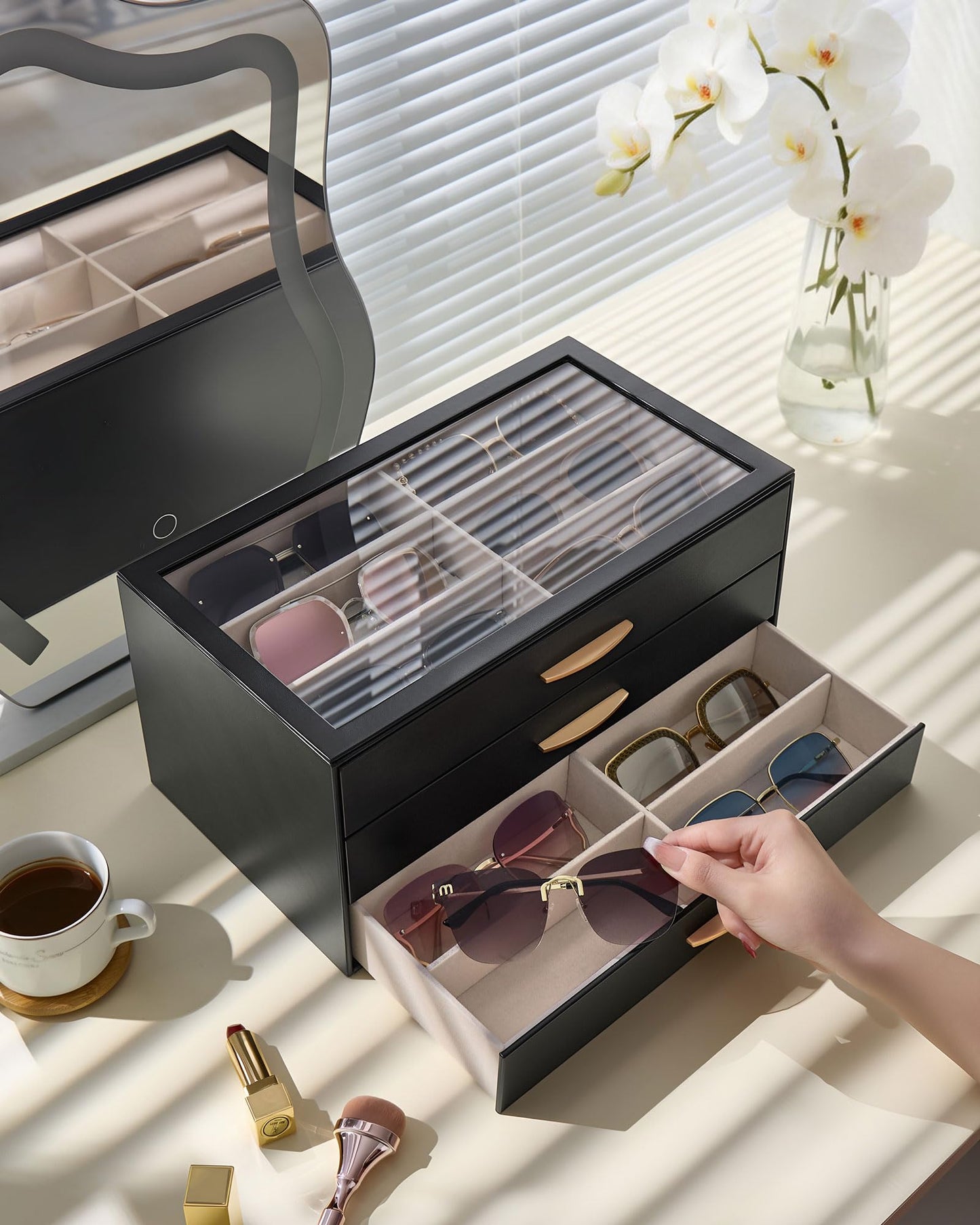 Lolalet 18 Slots Women’s Sunglasses Organizer with Enlarged Compartment, 3-Layer Eyewear Storage Box with Drawer, Glasses Case Display Holder with Clear Top Lid for Eyeglass Collection -Black