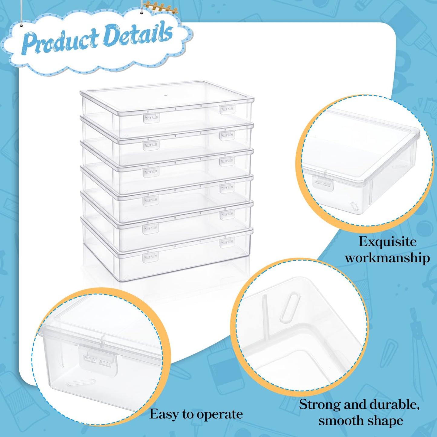 Oqqlin 6 Pcs Plastic Storage Boxes with Lids, 10.6x7.7x2 Inch Clear Rectangular Plastic Box Multipurpose Craft Organizers Small Storage Containers for Pencils, Beads, Craft Accessories, Small Items