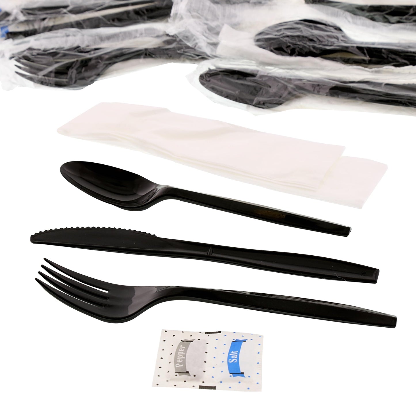 6 Piece Kit Black Medium Plus Weight Fork-Teaspoon-Knife-12" x 13" Napkin-S&P