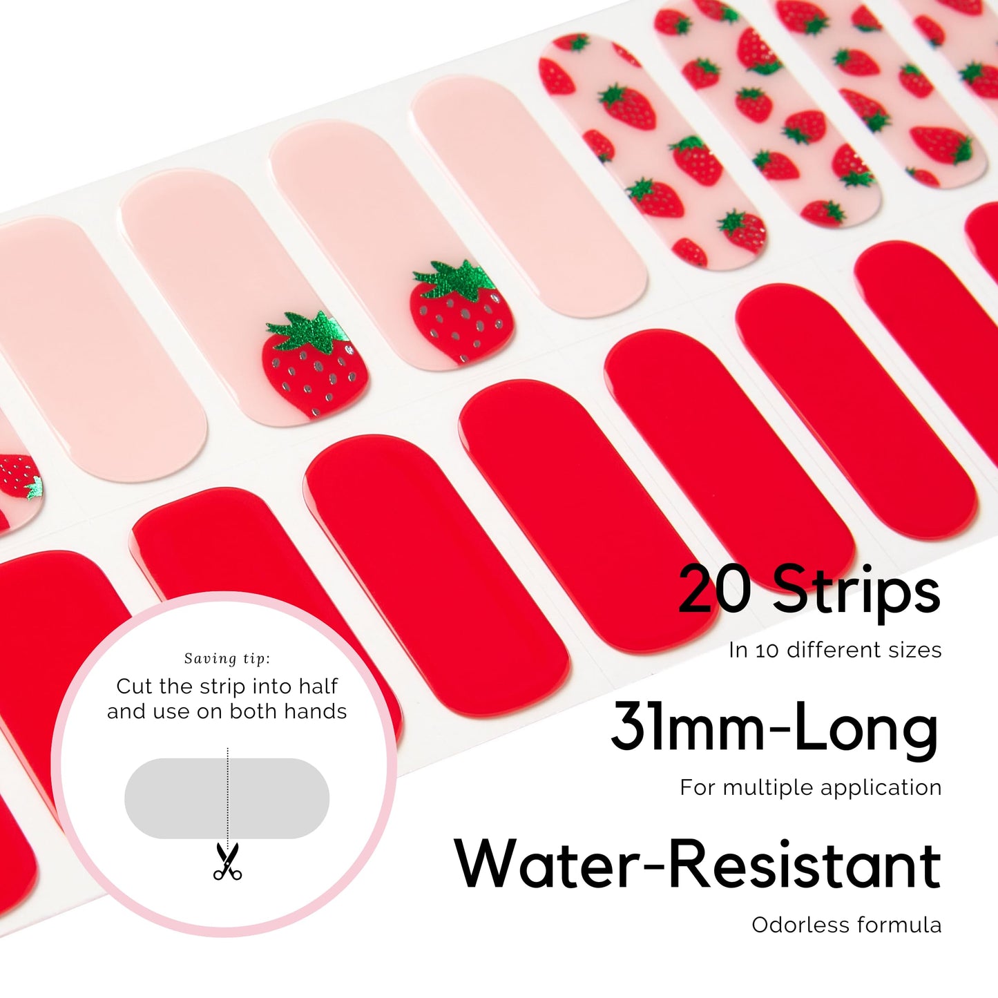 Semi Cured Gel Nail Strips - NAILOG 20 Pcs Red Strawberry Nail Stickers Extra Long Wraps with Glossy Gel Finishing for Spring, Strawberry Sorbet