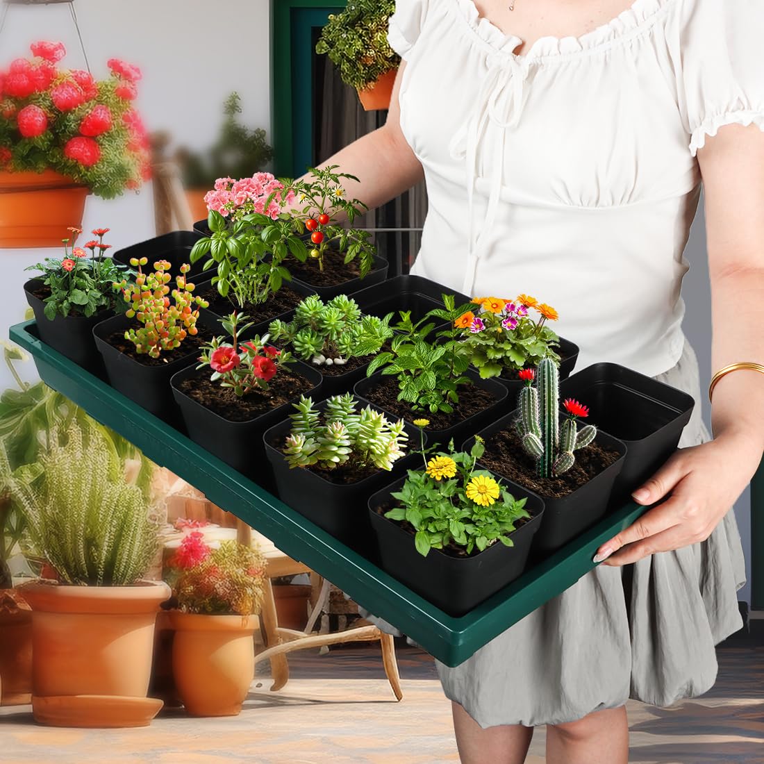 RooTrimmer 1020 Nursery Pots Trays 5 Pack, Plastic Flat Seed Starter Trays, Durable Seedling Potting Tray for Carrying and Holding Planting Pot (Green)