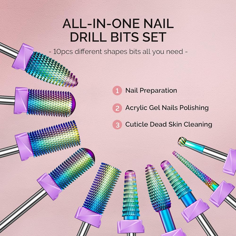 GLIX 10-in-1 Professional Nail Drill Bits Set, Rainbow Tungsten Carbide E File Bits for Acrylic Nails & Gel Polish Removal, 3/32" Shank Russian Manicure Kit with Safety Cuticle Ball & Flame Bit