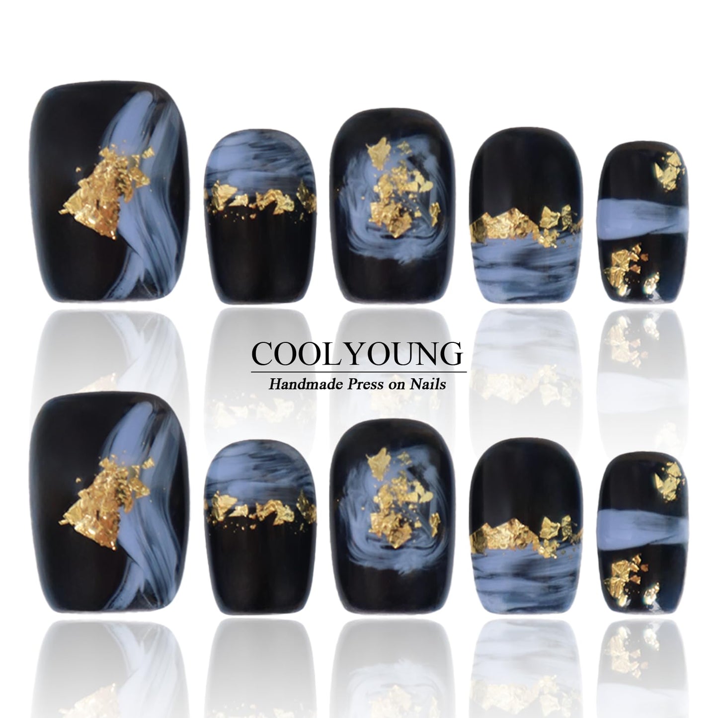 Handmade Press On Nails Short Square Black Press On Nails Gifts For Women Glitter Long Lasting Nails COOLYOUNG Acrylic Nails, 10 PCS, Size M
