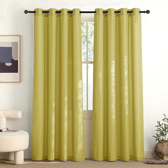 NICETOWN Bright Yellow Linen Curtains 96 inches Long, Grommet Thick Flax Light Filtering Window Treatments Semi Sheer Privacy Assured for Bedroom/Kids Room, W55 x L96, 2 Panels