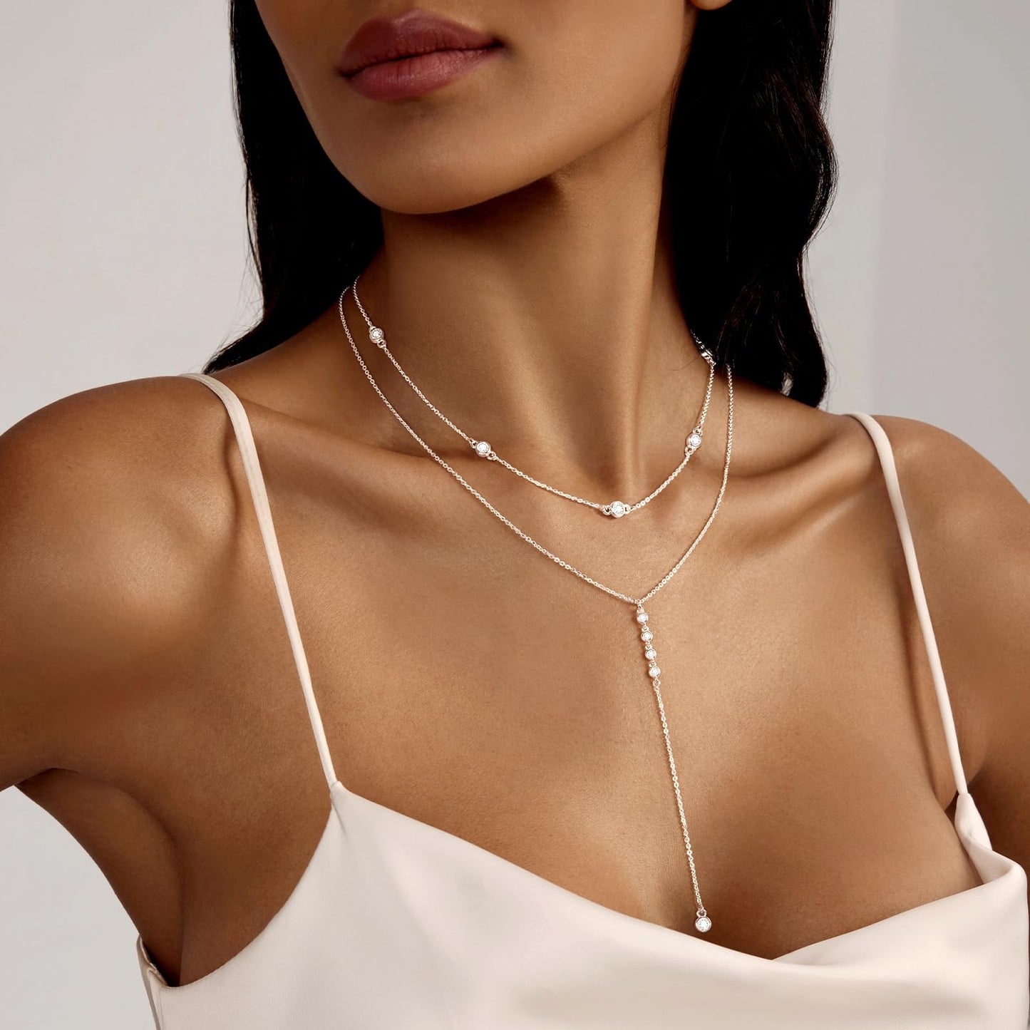 Zeffy Long Silver Necklace for Women- Dainty Silver Teardrop Drop Lariat Necklace Trendy Layered Simple CZ Y-Shaped Body Chain Stack Wedding Prom Dangle Statement Necklace Jewelry Gifts