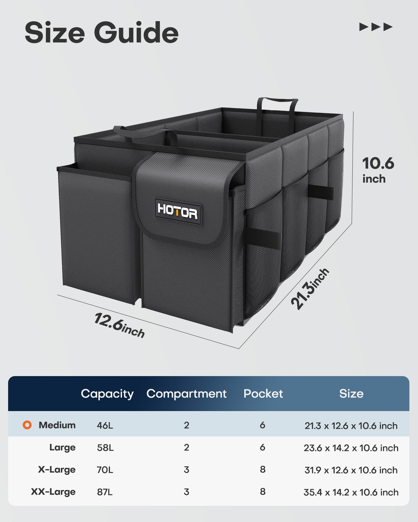 HOTOR Trunk Organizer - Car Organizer, Foldable Trunk organizer for SUVs & Sedans, Sturdy Car Organization for Car Accessories, Tools, Sundries, Black, 2 Compartments, 21.3"×12.6"×10.6"