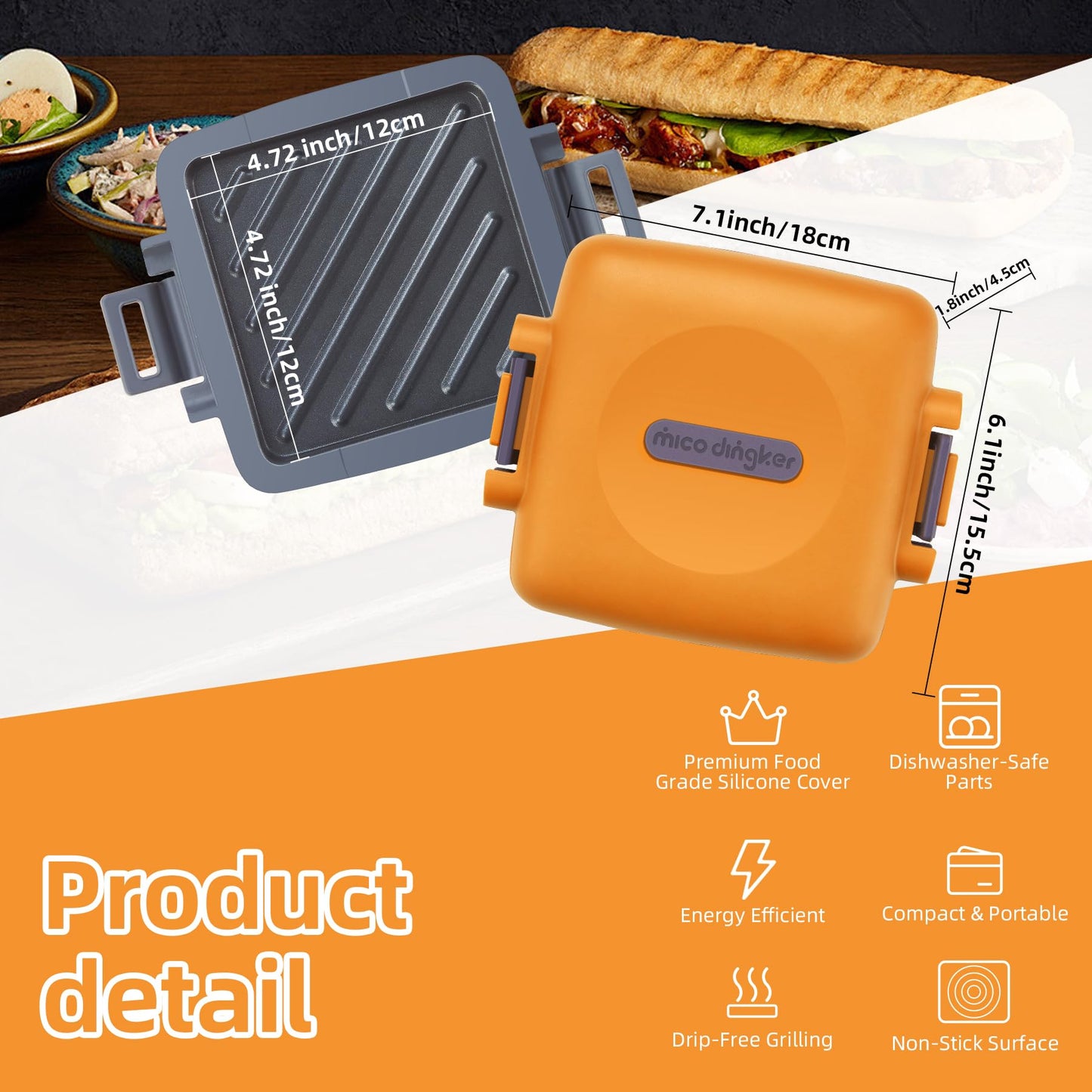 Mico Dingker Microwave Toastie Sandwich Maker, Snack Maker & Panini Press, Removable Non-Stick Plates, Silicone Microwavable Cookware, Heatwave Technology, Orange