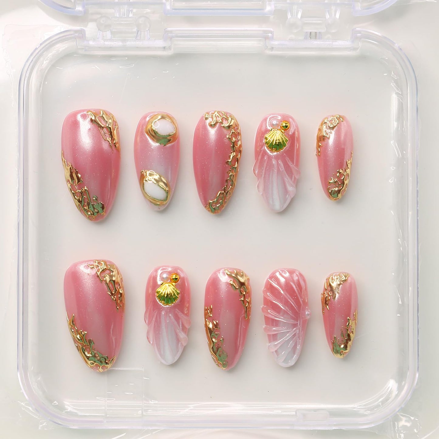10Pcs Pink Almond Press on Nails Handmade Acrylic Press on Nails Medium Fake Nails with Seashell Pearl Design Summer Beach Nail Art 3D Handmade Nails Press ons Reusable Stick on Nail for Women (S)
