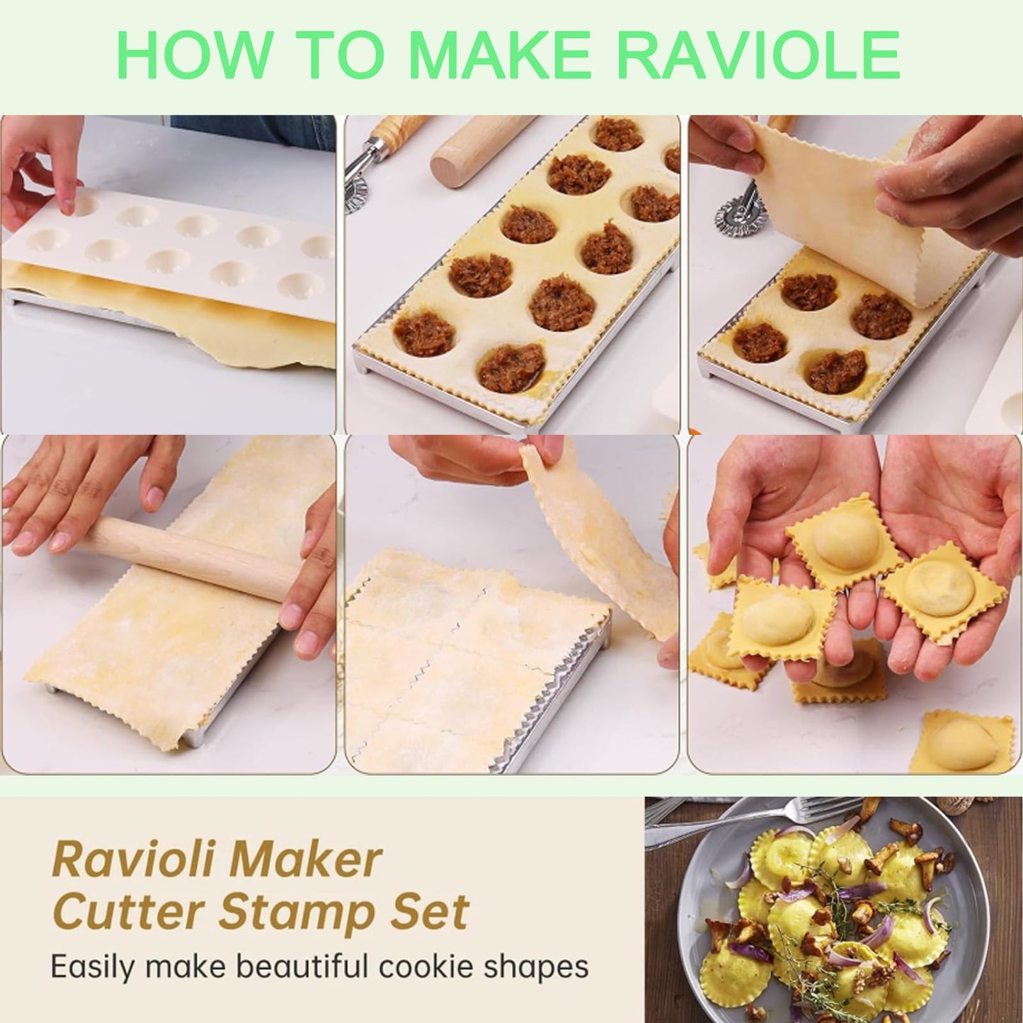 8 Pcs Ravioli Mold Set Include Ravioli Maker Press ，Dough Scraper, Dumpling Maker, Ravioli Maker Cutter set,Pasta Making Kit for Ravioli Press Mold,Suitable for Kitchen Beginners Gift (A)