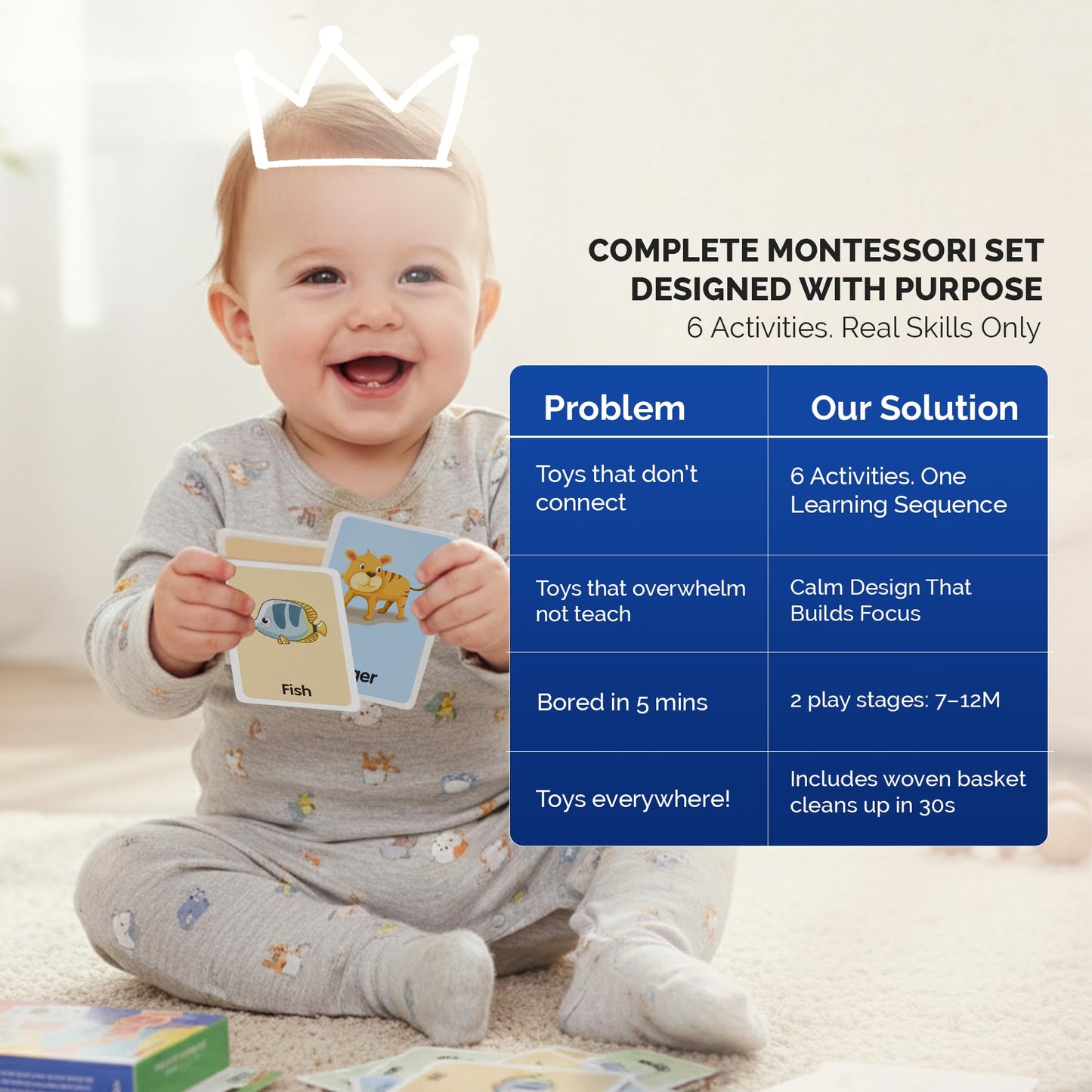 SmileyBubs Montessori Baby Toys 7–9 Months, Developmental Tools for 7+ Month Babies, Baby Sensory Toys - A Sliding Box, Mirror Puzzle, Stacking Cups, Treasure Basket, Rain Stick, Animal Flashcards
