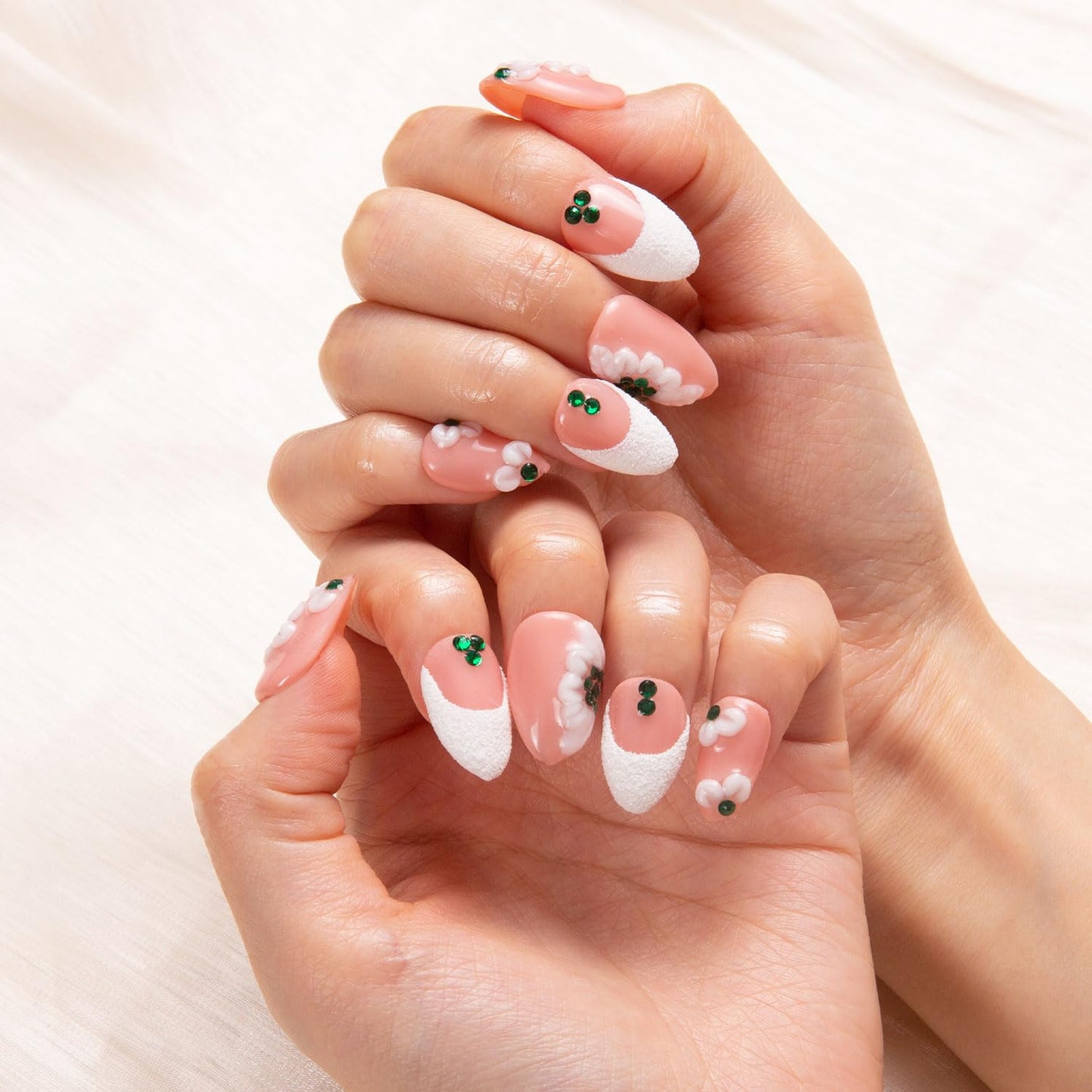 LOVFUL Press on Nails Floral French Tip | Handmade with Full Covered Crystals | Reusable Fake Nails | Almond Short 0.8 in | H70-L