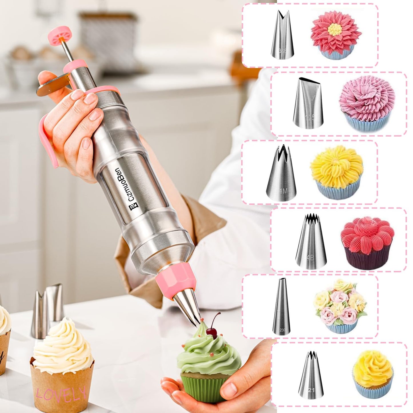 Dessert Decorating Syringe Set, Frosting Piping Kit icing piping kit 54 food-grade stainless steel piping nozzles for Baking, Decorating Cupcake, Deviled Eggs, Black (pink)