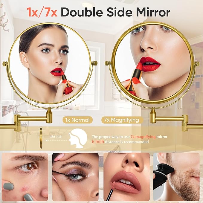GURUN 8" Wall Mounted Makeup Mirror with 7X Magnification,Two-Sided Swivel Bathroom Mirror,Brushed Gold Finish M1406GJ(8",7X)