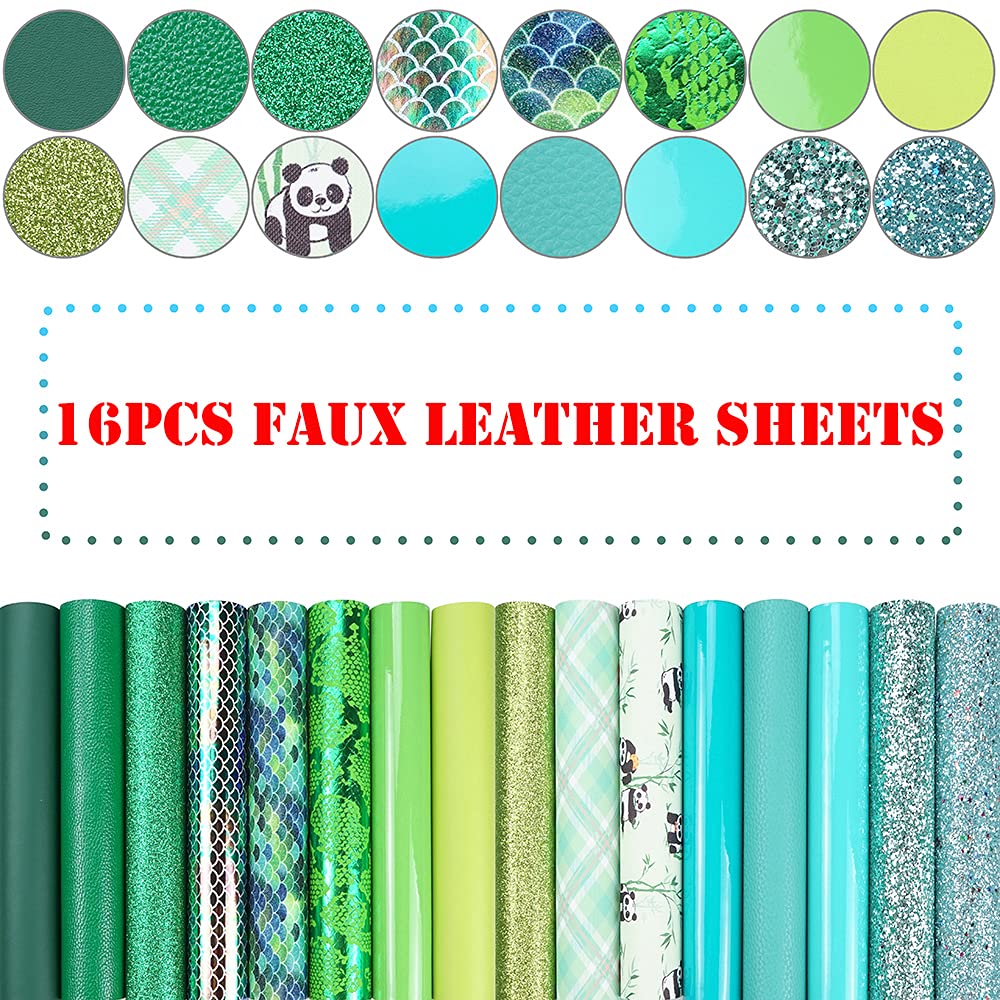 16 Pieces 8x6 Inch New Contrast Colors Blue Green Series Faux Leather Fabric Sheets Include Litchi Fine Chunky Glitter Panda Mermaid Scale Snake Texture Patent for Leather Earring Bows Making