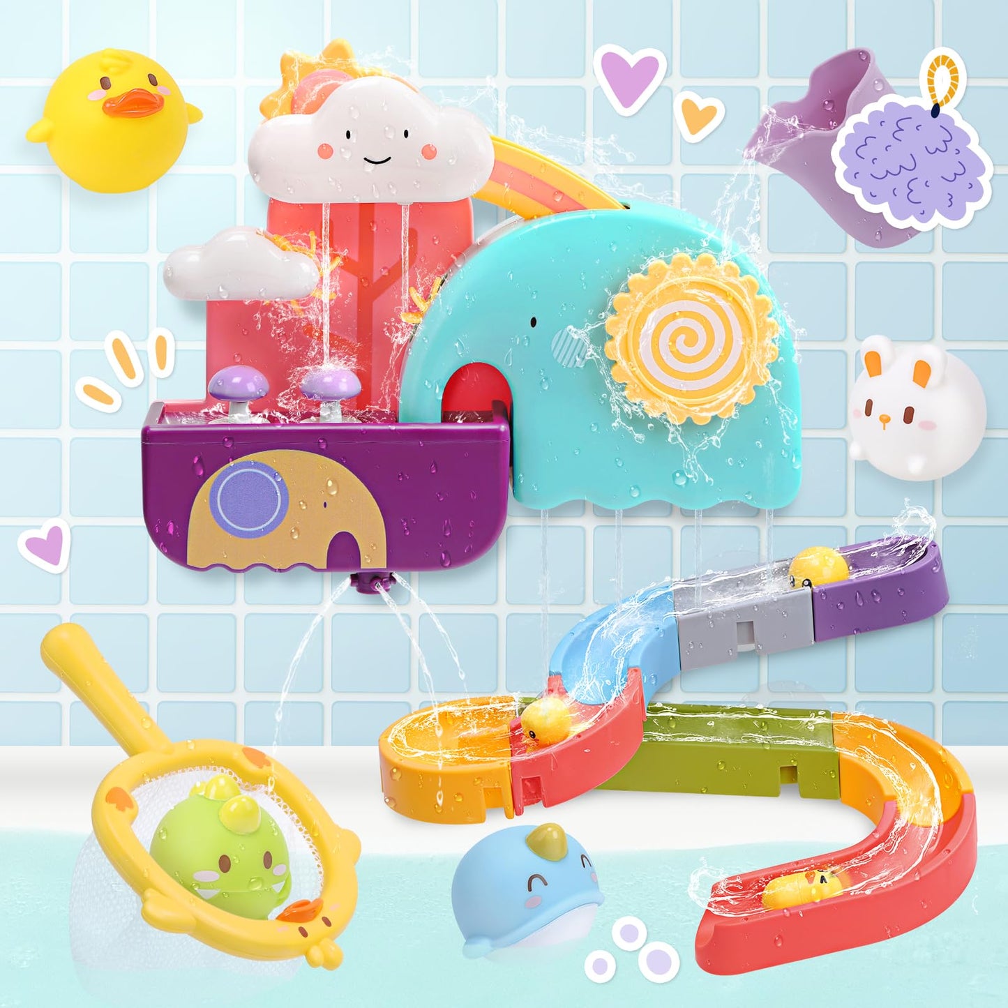 CUTE STONE Baby Bath Toys, No Hole Floating Squirting Bathtub Toy W/ Water Slide Building Track, Duck Fishing Net Game, Toddler Shower Toys, Water& Pool Toys, Educational Gifts for Boys Girls