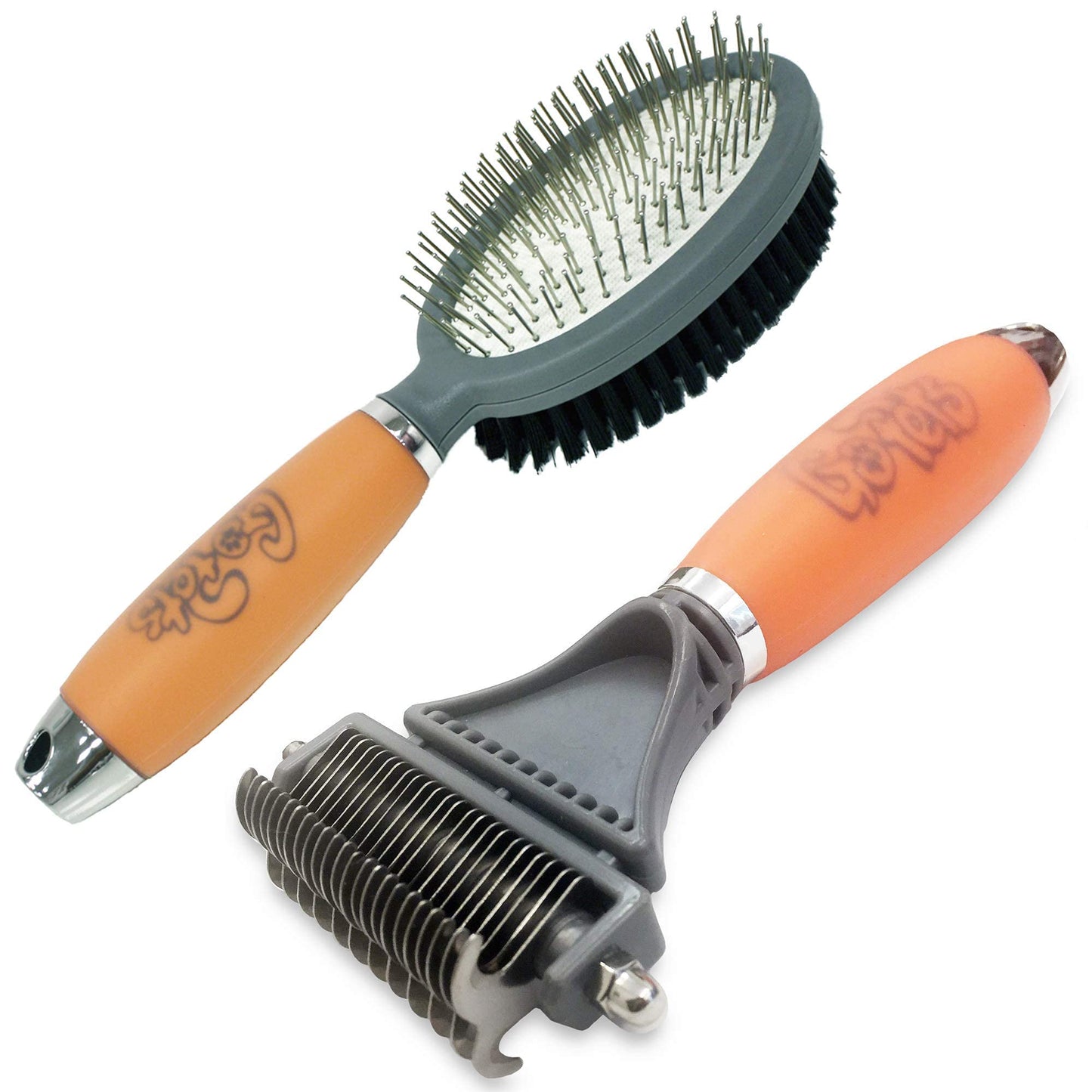 GoPets Pet Grooming Kit Bundle With 2 Sided Dematting Comb and Deshedding Rake + Double Sided Pin Brush and Bristle Brush for Dogs and Cats