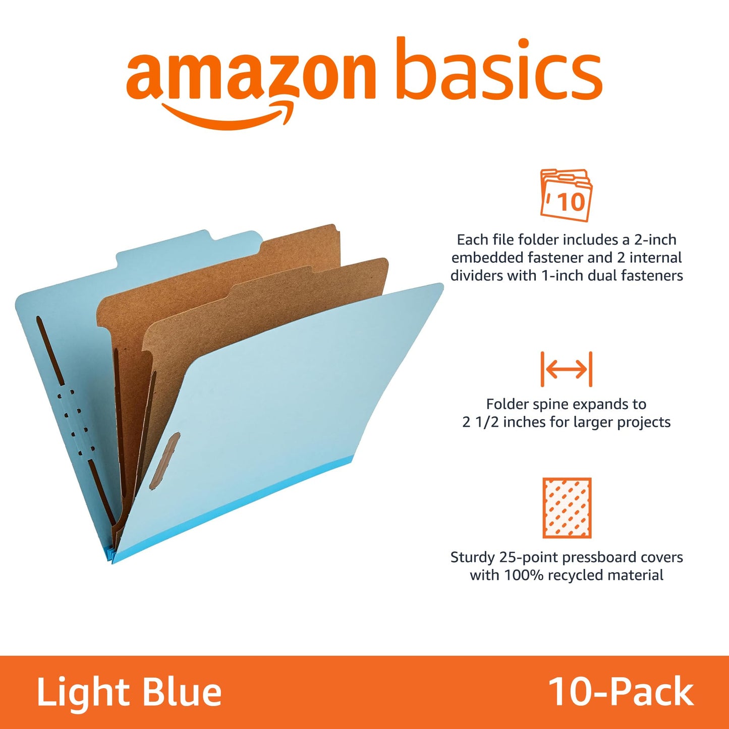 Amazon Basics Classification Folder with Prongs, 100% Recycled, 2 Dividers, 2" Embedded Fasteners, Letter Size, for Documents Organization, Light Blue, 10 Count