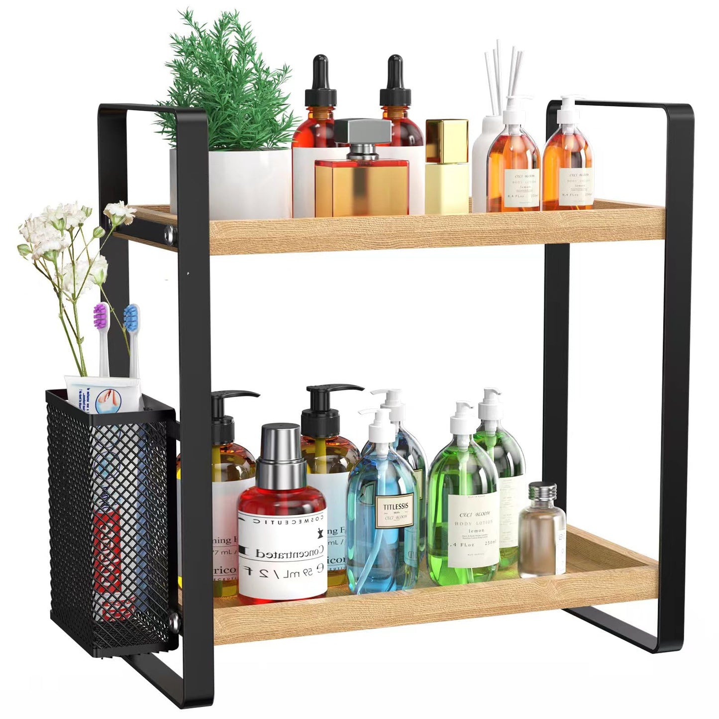 LEMIKKLE 2-Tier Wood Bathroom Counter Organizer with Basket,Waterproof Vanity Perfume Skincare Storage for Bathroom, Kitchen, Dresser