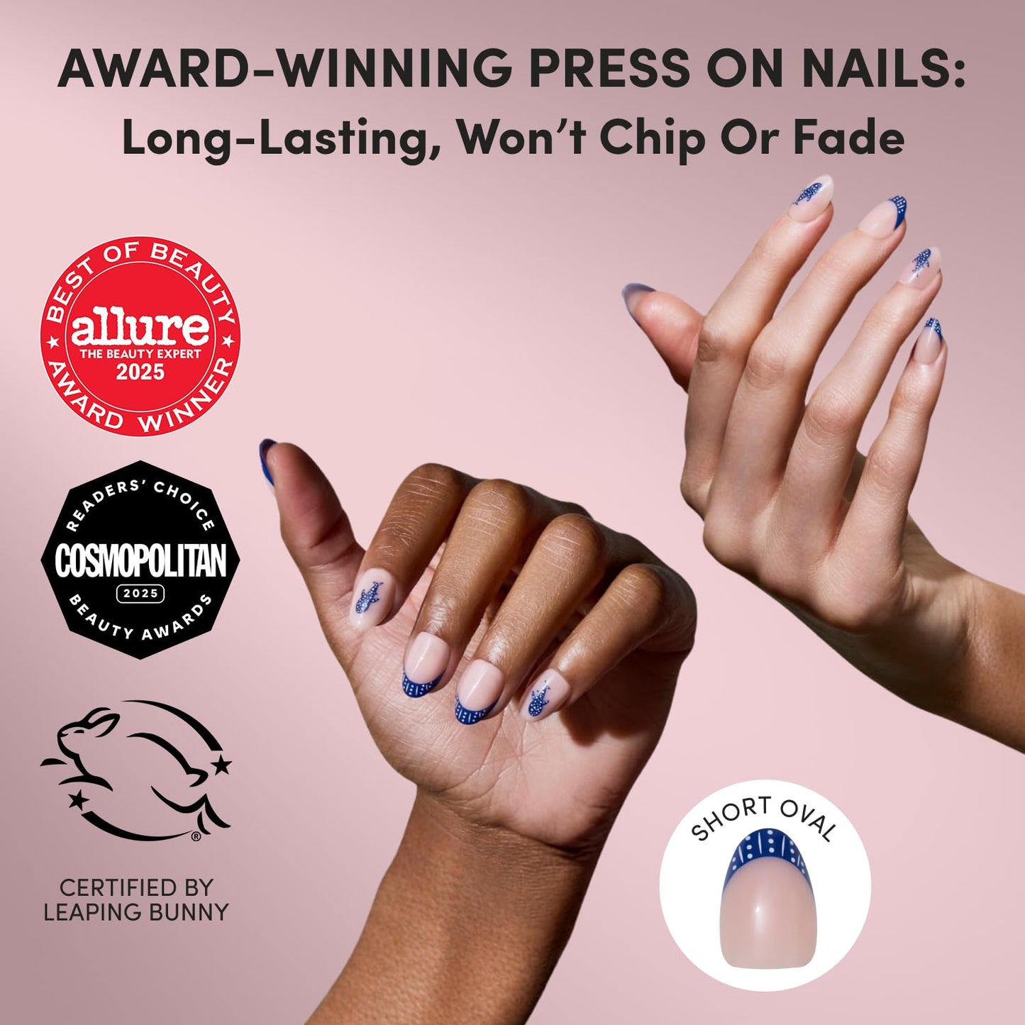 Glamnetic Press On Nails - Short Oval Fake Nails with Blue French Tips, Polka Dots & Whale Accents | Salon Quality Summer Nails | Whale Waves | 15 Sizes - 30 Nail Kit with Glue