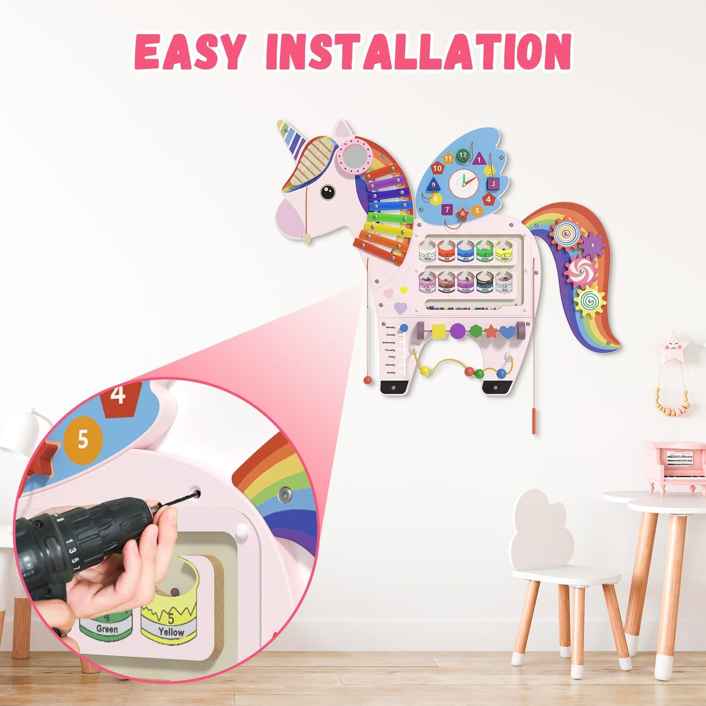 Spacocld Unicorn Activity Wall Busy Board Panels - Sensory Wall Panel for Kids, Montessori Toddler Wall Activity Board, Wall Toys for Toddlers 3, Activity Cube, Perfect for Toddler Playroom, Pink