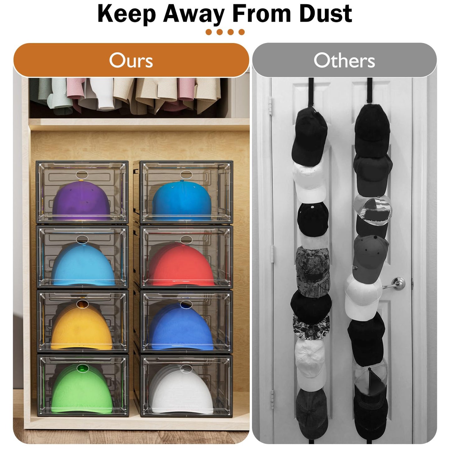 YKLSLH Hat Organizer Box, 6 Boxes for 40 Pack Hats, Upgrade Harder Solid Plastic Hat Organizer for Baseball Caps, Clear Hat Storage with Magnetic Door, Hat Rack Holder Case, White