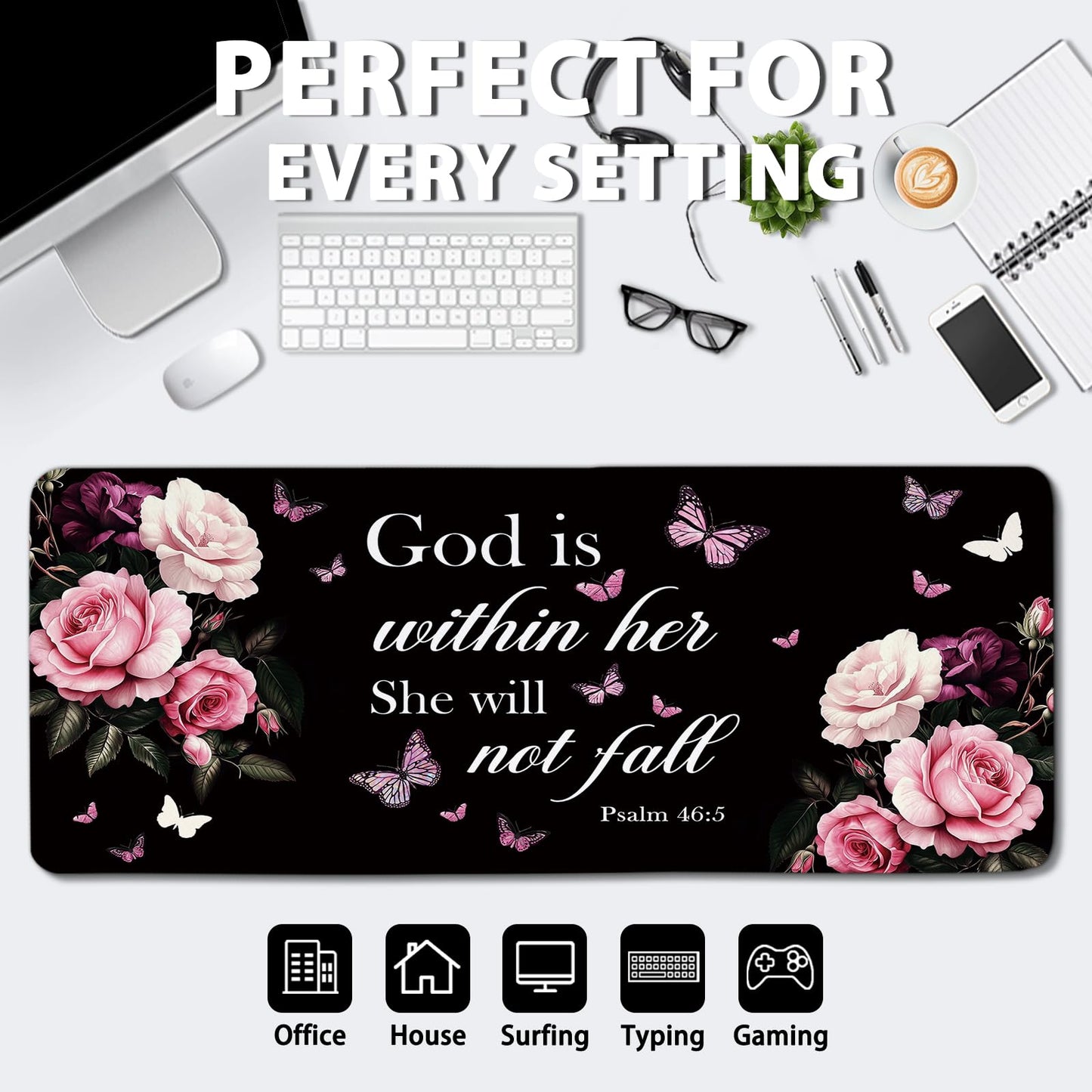 Flower Large Gaming Mouse Pads, Butterfly Flower Computer Keyboard Desk Mousepad with Non-Slip Base and Stitched Edge, Gifts for Boy Men, Large Desk Mat for Topdesk for Keyboard Mouse 11.8”x 31.4”XL