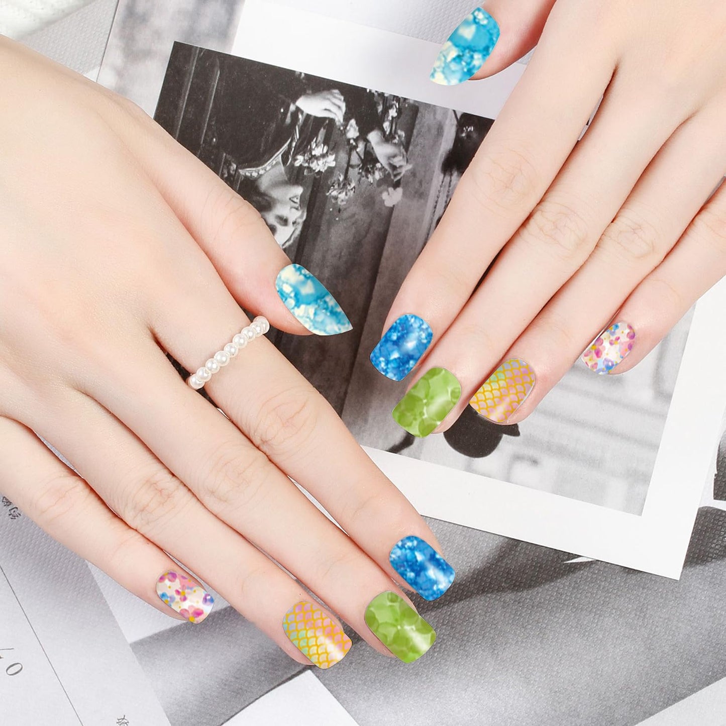 DANNEASY 20 Sheets Color Blending Nail Polish Stickers Full Nail Wraps for Women Marble Fingernails Wrap Self Adhesive Nail Polish Strips Gel Nail Strips with File, Cuticle Stick