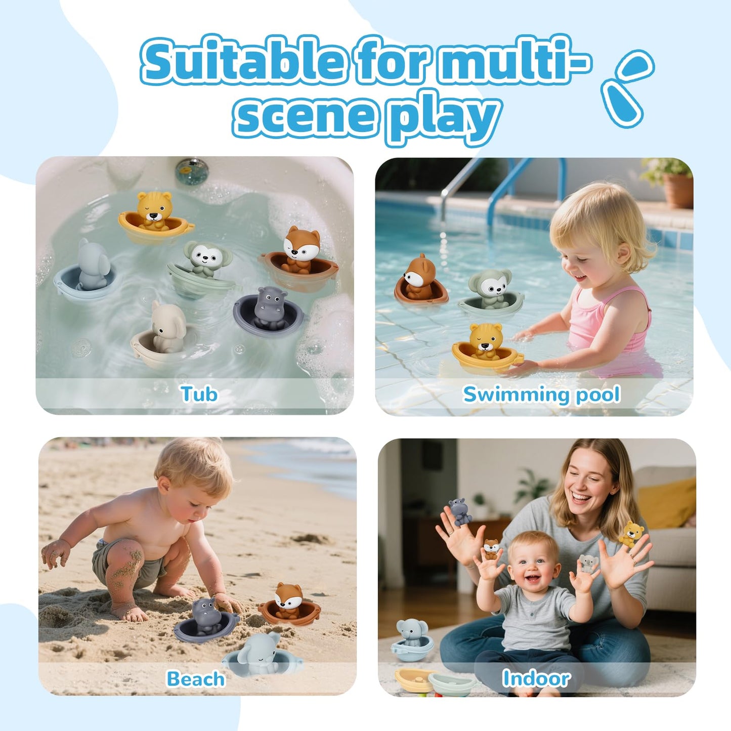 BOBOBELL Bath Toys Float Boats for Kids Ages 18M+,Stackable Floaty Boat,Animal Finger Puppets,Toddler Toys Gifts for 2-4 Year Old Baby Gifts Valentines Easter Basket