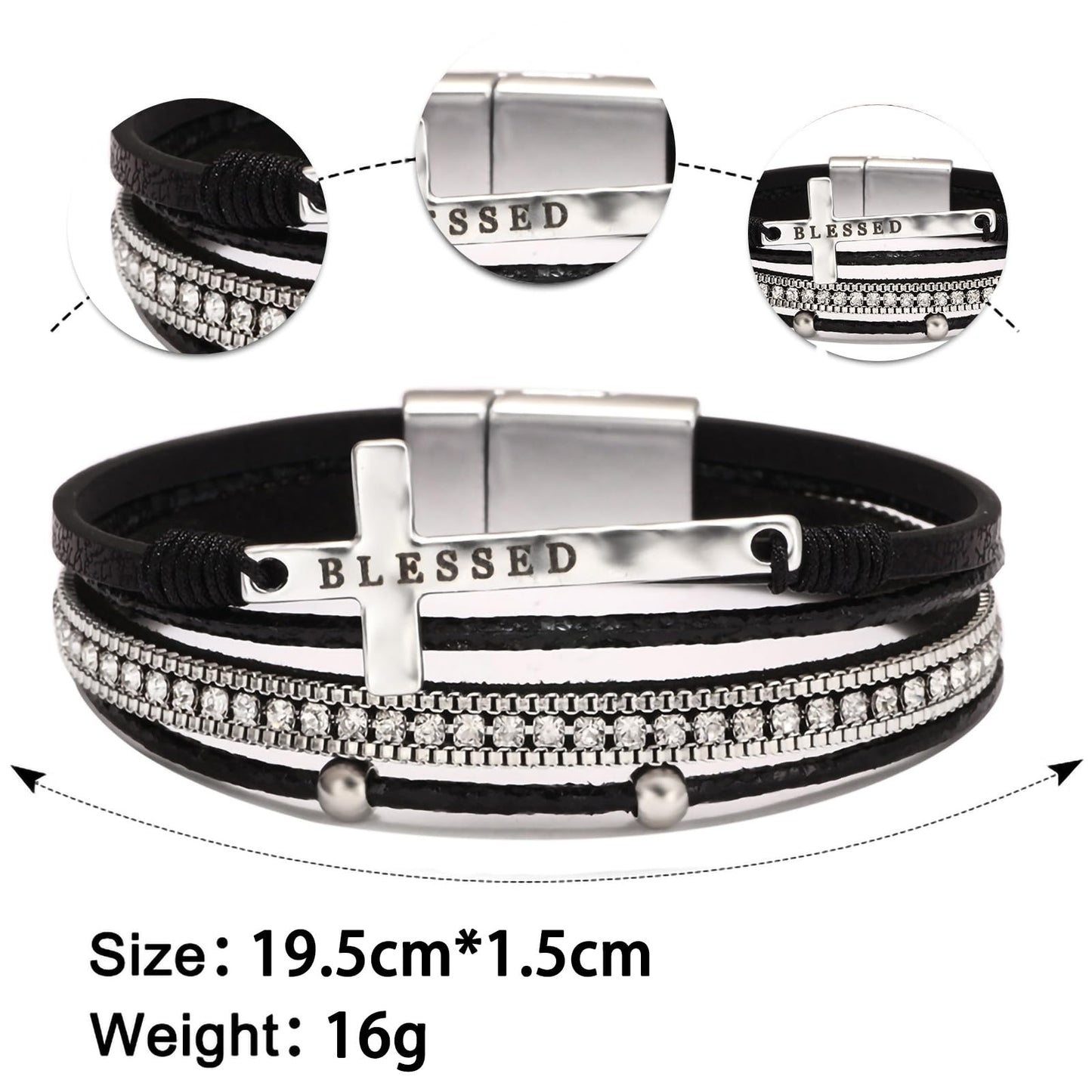 Leopard Bracelet for Women, Boho Leather Wrap Multi-Layer Pearl Crystal Bracelet Bangle Jewelry (Blessed Cross(Black))