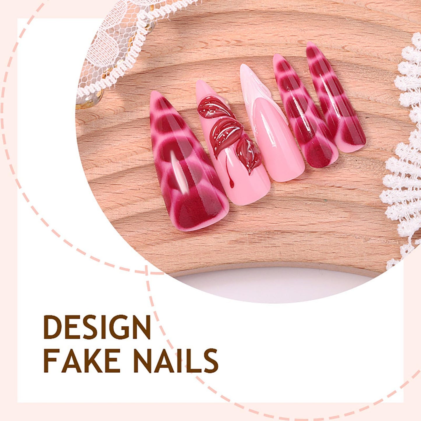 RUOKEXIN Long Stiletto Press on Nails French Tip Fake Nails Flower False Nails with 3D Designs Spring Summer Nail Press ons Sparkly Artificial Nails for Women 24Pcs