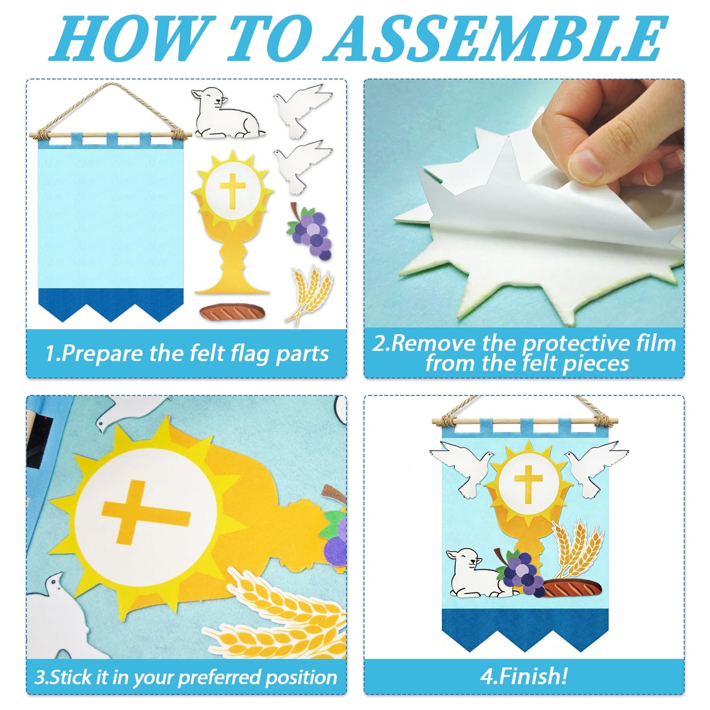 Zaruatu First Communion Banner Kit 11 x 15.74 Inch First Holy Communion Banner Kits Felt DIY Decor Set Include White Dove Communions Cup Lamb Grape Skewers for Church Sunday School (Blue)