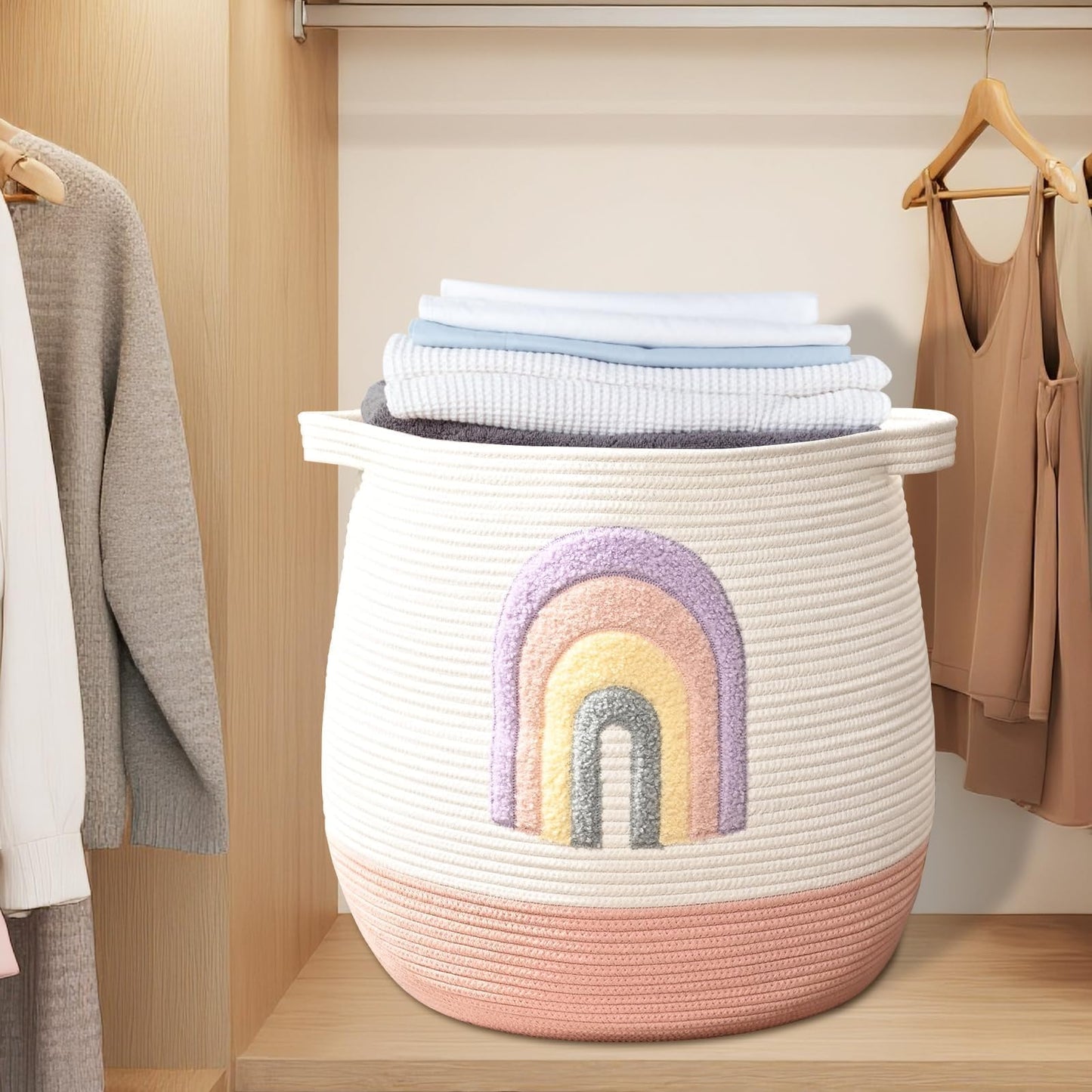 Large Baby Laundry Hamper, Rainbow Laundry Basket for Baby, Toy and Blanket Storage Basket for Nursery and Playroom, Cotton Rope Hamper for Kids, 17.7"x15.7"