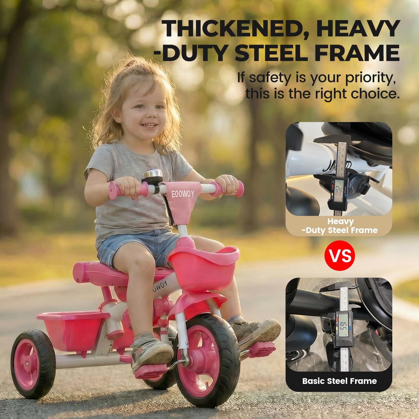 EOOWOY Toddler Tricycle with Push Handle, 7 in 1 Stroller Trike with 360° Swivel Seat, Reclining Backrest, All-Terrain Wheels, Dual Brakes, Canopy & Storage, Gift for Kids 18 Months to 5 Years, Pink