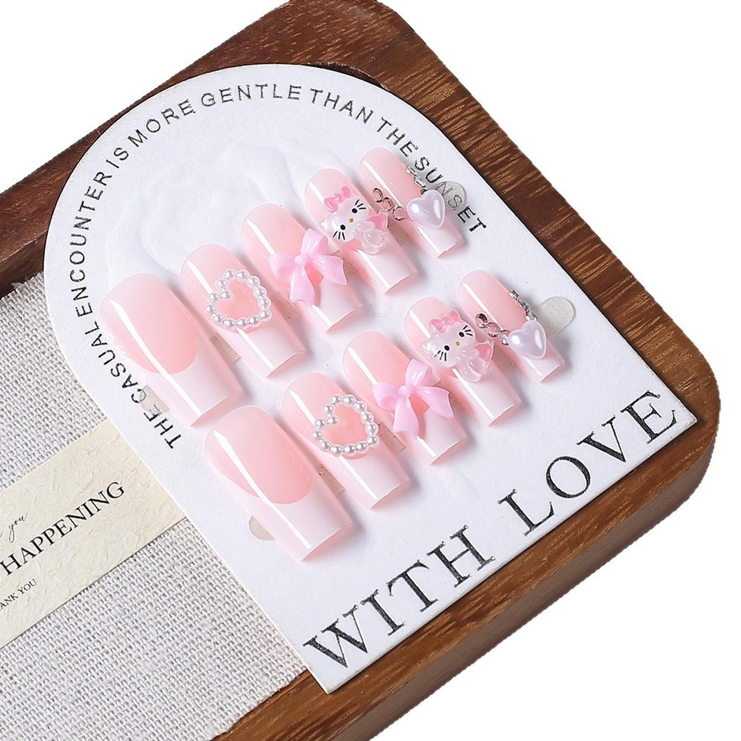 24pcs Cartoon Press on Nails Medium Square Fake Nails Heart-Shaped Bow Nails, French Tip Press on 3D Bows Heart False Nails Tips Cute Stick on Nails Full Cover Artificial Acrylic Nails for Women Decor