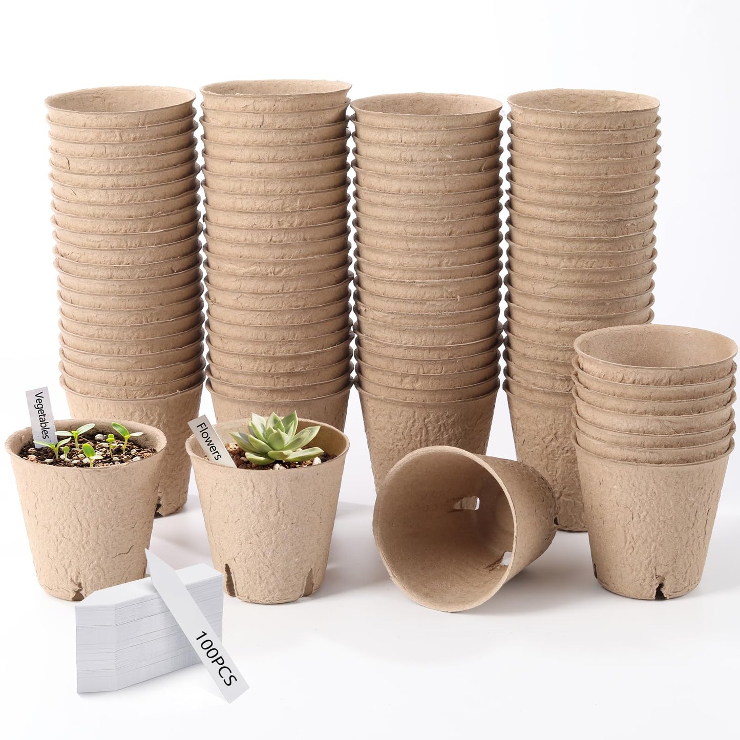 ondware 90-Pack 3.15 Inch Peat Pots for Seedlings with 100Plant Labels, Seed Starter Pots with Drainage Holes, Nursery Pots for Garden Planting
