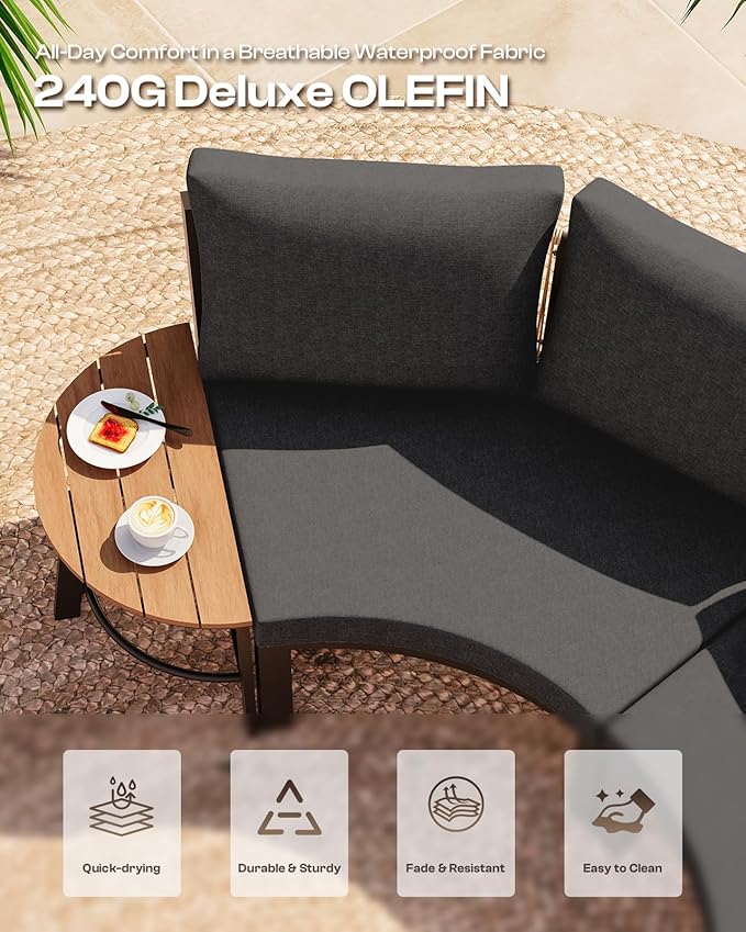 Outdoor Patio Sectional Modular Sofa, Aluminum 1 Piece Curved Patio Couch with Washable Cushions, All Weather PE Rope Sofa for Backyard,Porch, Deck, Poolsid, Graphite