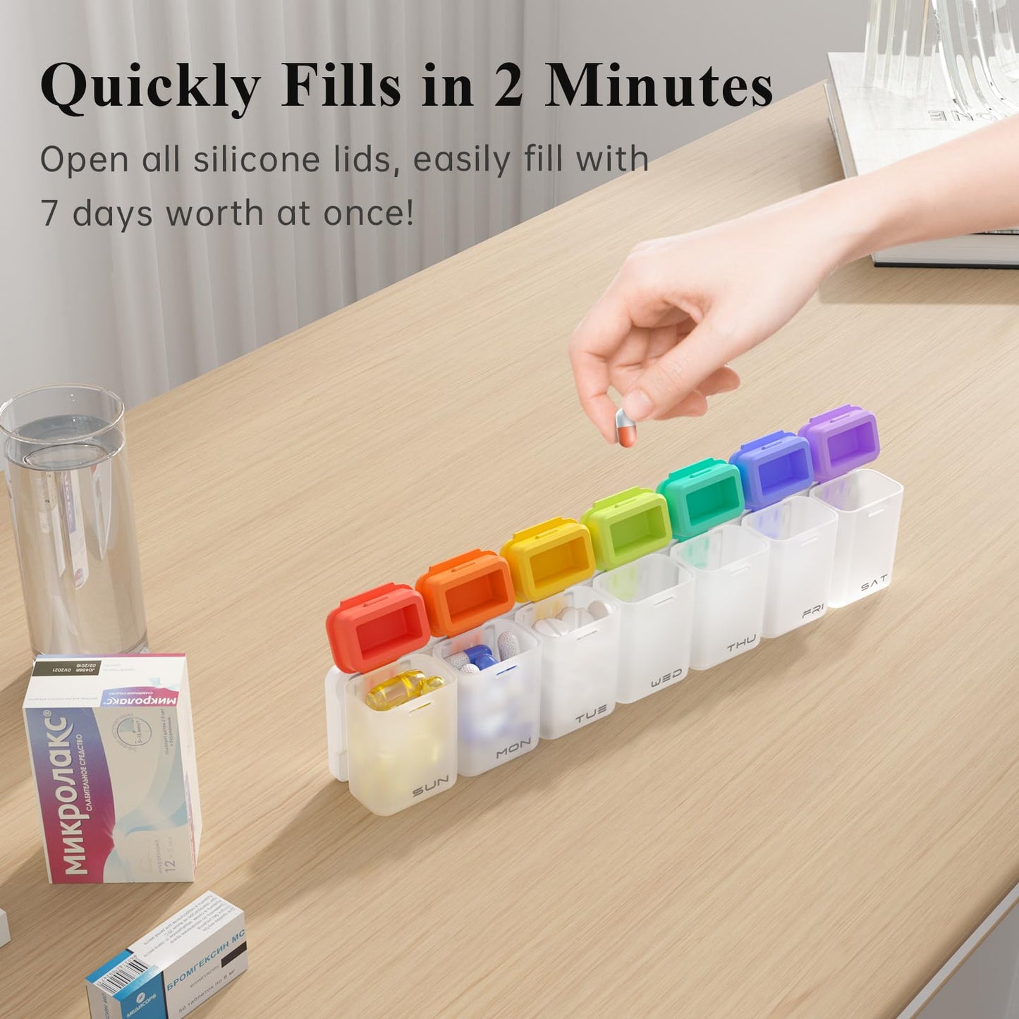 KOVIUU Weekly Pill Organizer Magnetic, Removable Pill Box 7 Day 1 Time a Day, Large Pill Case Travel, Week Once Daily Medication Dispenser, Medicine Container Holder for Supplement Vitamin, White