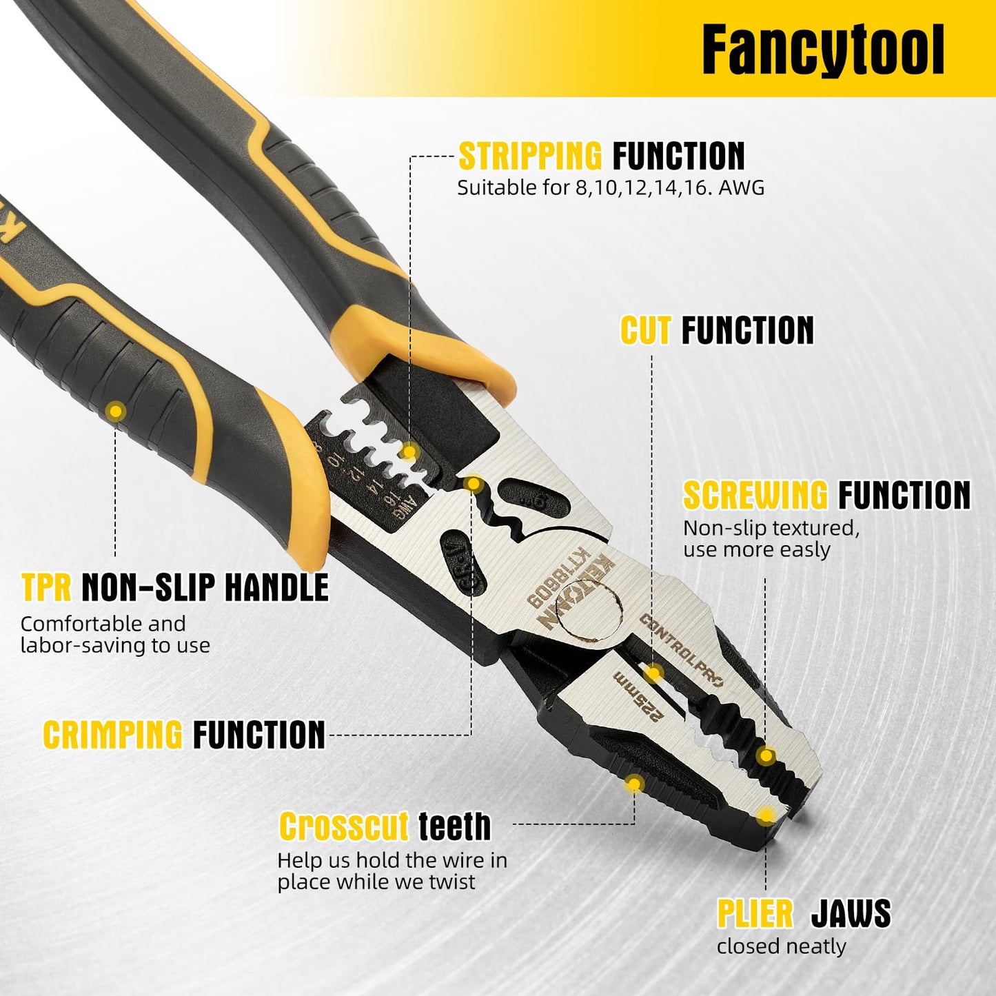 Fancytool Linesman Pliers Wire Stripper Crimper Cutter Combination Tool, 9" 6-in-1 Heavy Duty Cr-V Steel Pliers for Gripping, Stripping, Crimping, Electrical Work