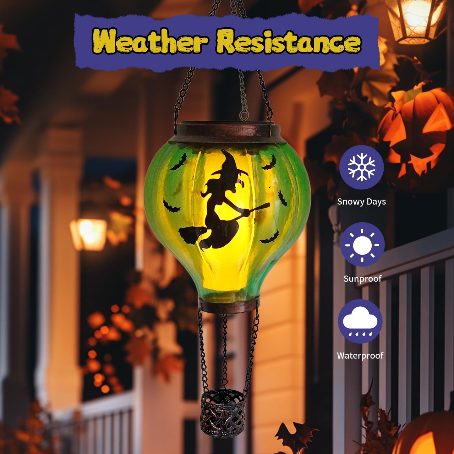 Halloween Decoration Outdoor Hot Air Balloon Solar Lantern with Flickering Flame, Hanging Outdoor Lanterns with Flying Witch Design Waterproof Decor for Garden, Patio, Halloween Party(Witch)