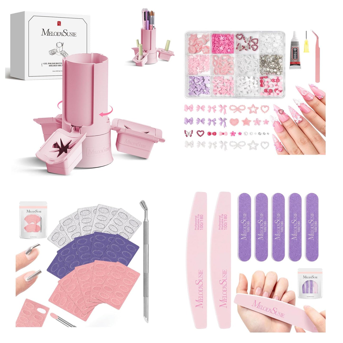 MelodySusie GelCarousel for Nail Polish Bottle Holder and 3D Mixed Nail Charms and Gems and Sandpaper Sheets and 7Pcs Nail File Kit