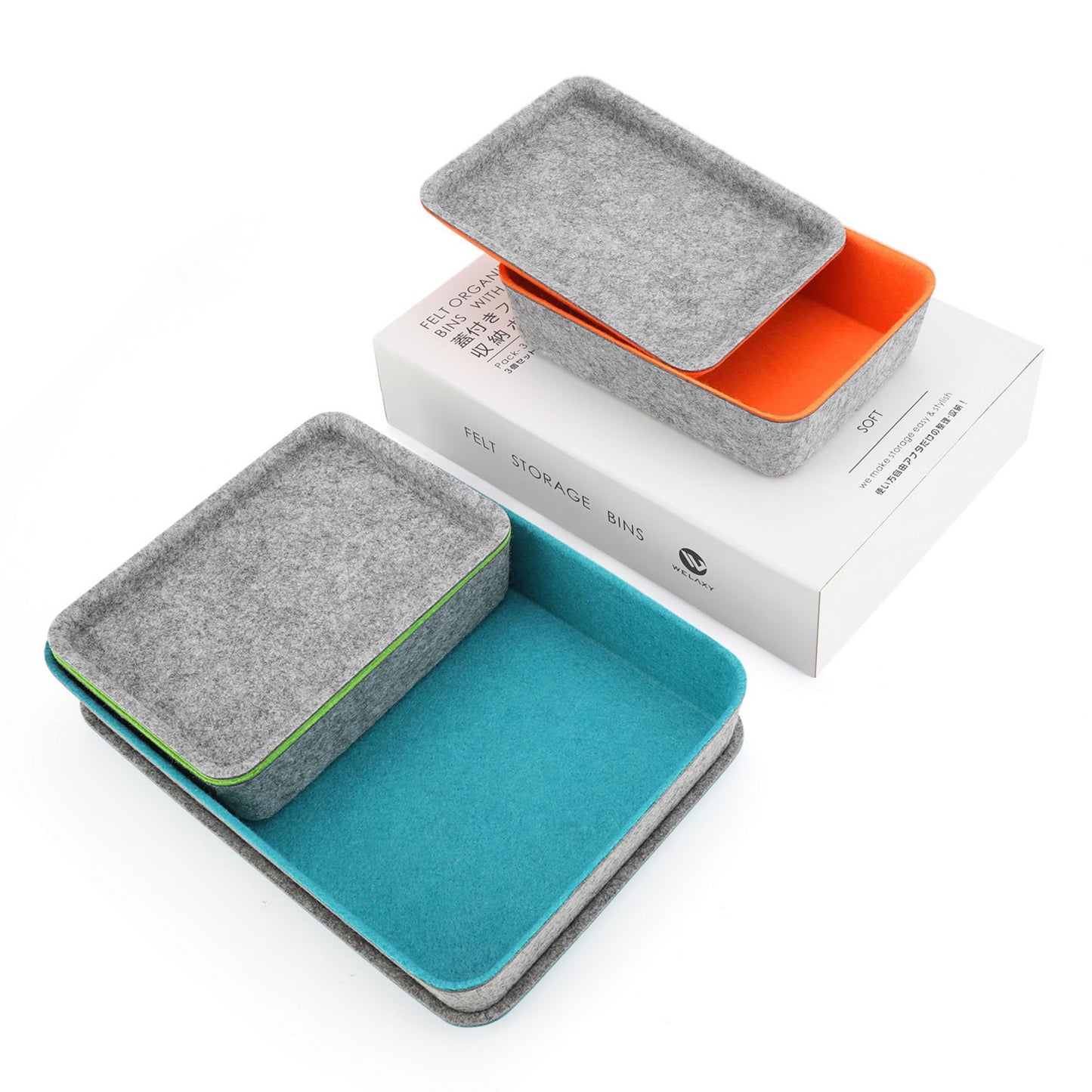 Welaxy stackable Lidded drawer organizer bins home office work desktop storage box with lid for junk makeup stationery decluttering sorting 3-pack gift idea (Orange + Green + Turquoise)