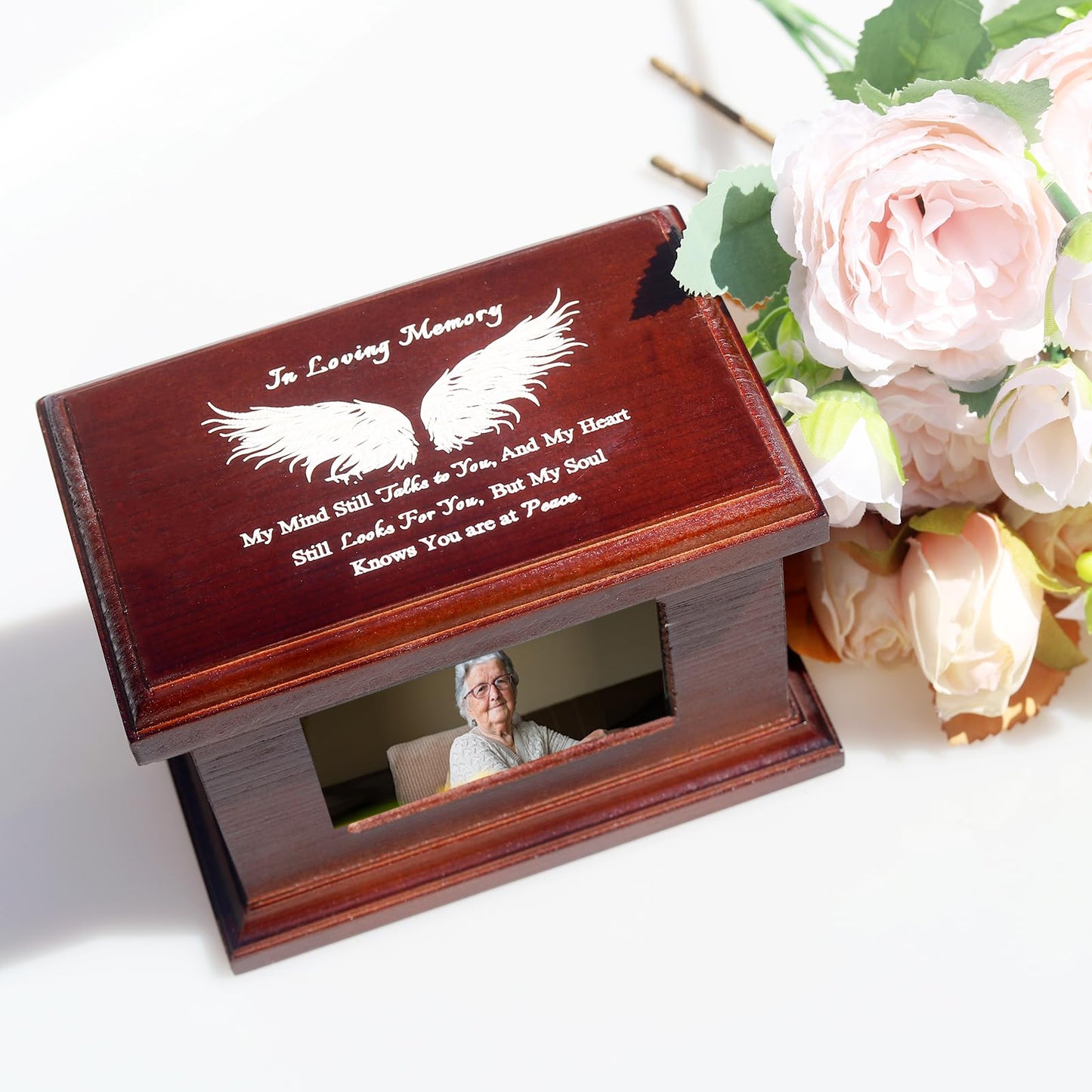 5.5 Inch Small Wooden Memorial Urn with Photo Frame, Keepsake Urn Box for Human/Pet Ashes - Wing