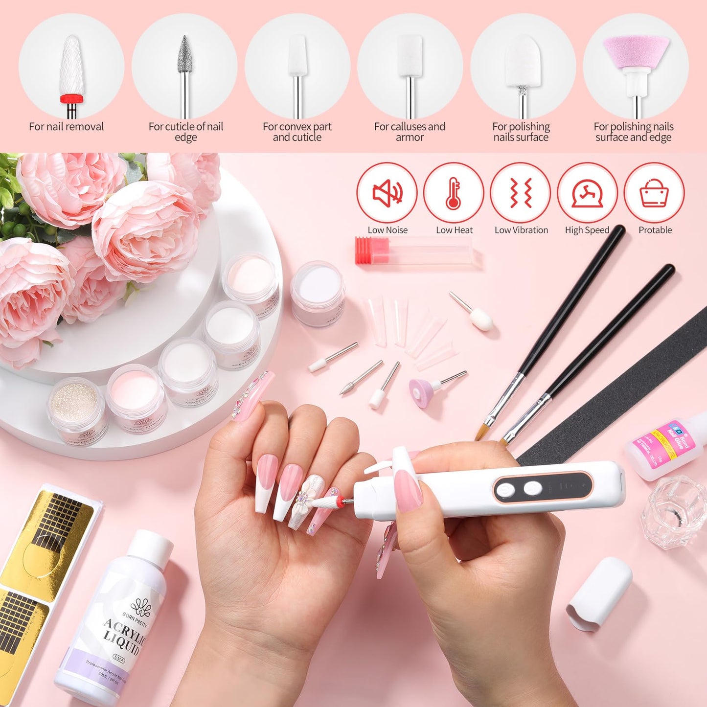 BORN PRETTY Acrylic Nail Kit with Drill - 92Pcs Acrylic Pwoder Set for Beginners With Everything Powder and Liquid Set for Nail Supplies Art Decoration Tools DIY Salon at Home