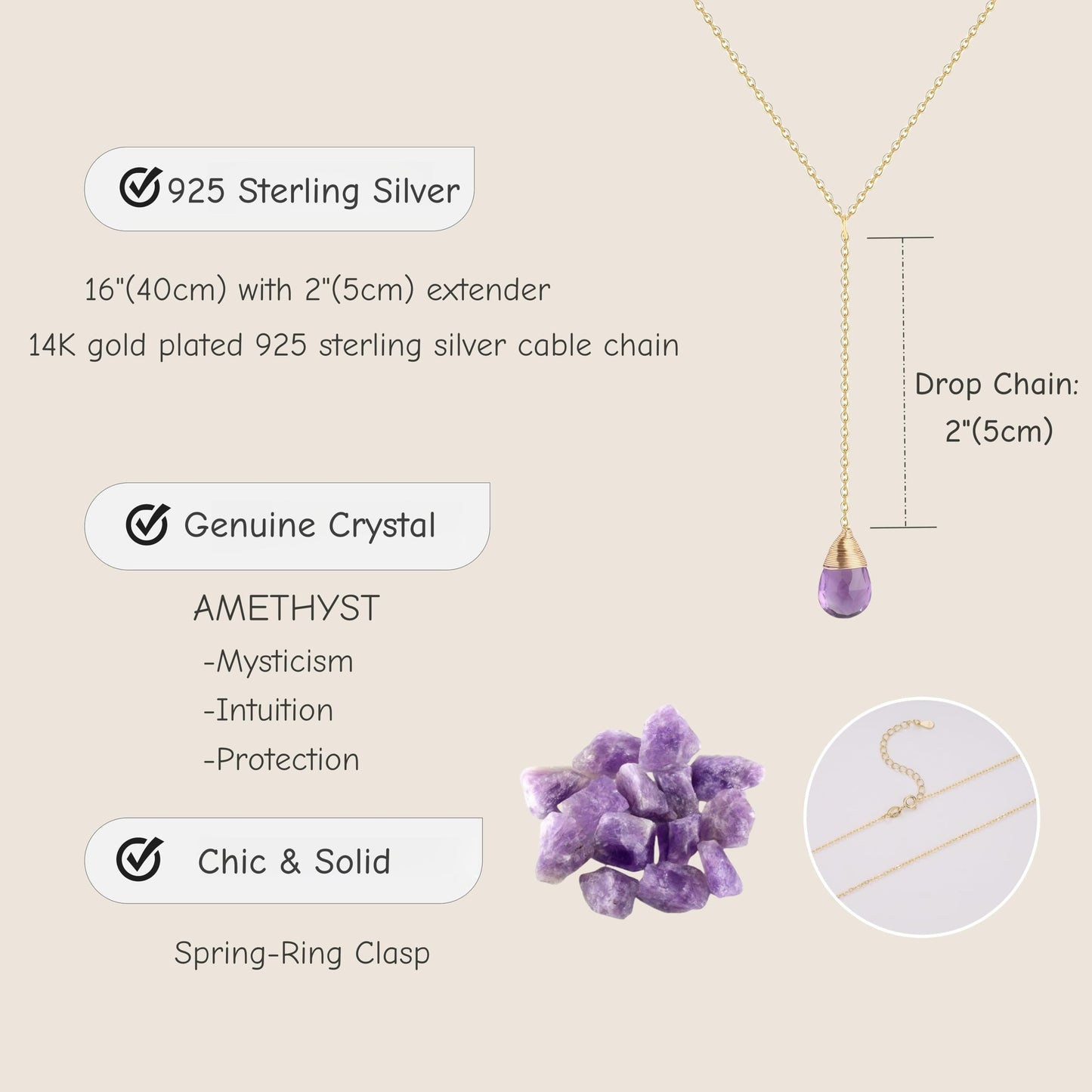 COAI 14K Gold Plated Sterling Silver Drop Dangle Trendy Y Necklace for Women, Amethyst Necklace for Women