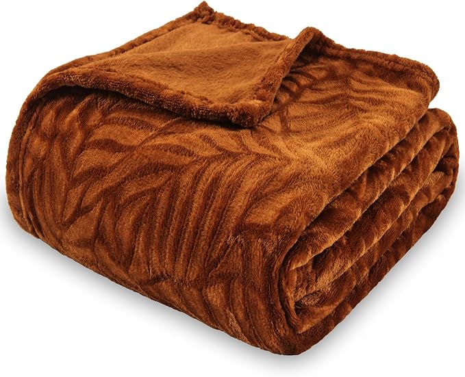 SOCHOW Super Soft Flannel Fleece Bed Blanket, Lightweight Cozy Warm Leaves Textured Plush Blanket as Bedspread Coverlet Bed Cover for All Seasons, 90 x 90 Inches, Caramel
