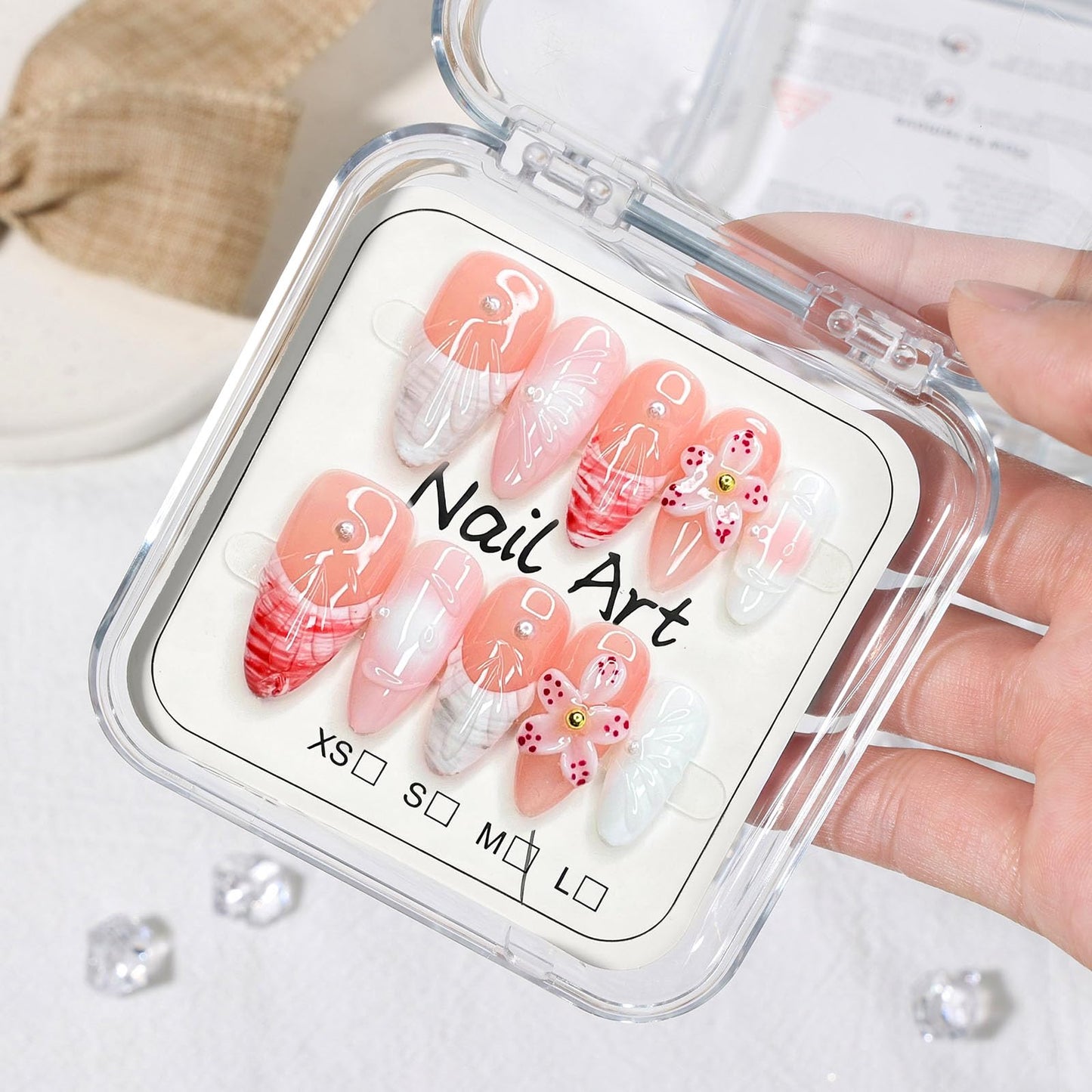 10 Pcs Handmade Press on Nails Medium Almond Fake Nails with 3D Flower French Tip Design White Acrylic False Nails Medium Almond Press Ons Nails M Size for Women Summer Manicure