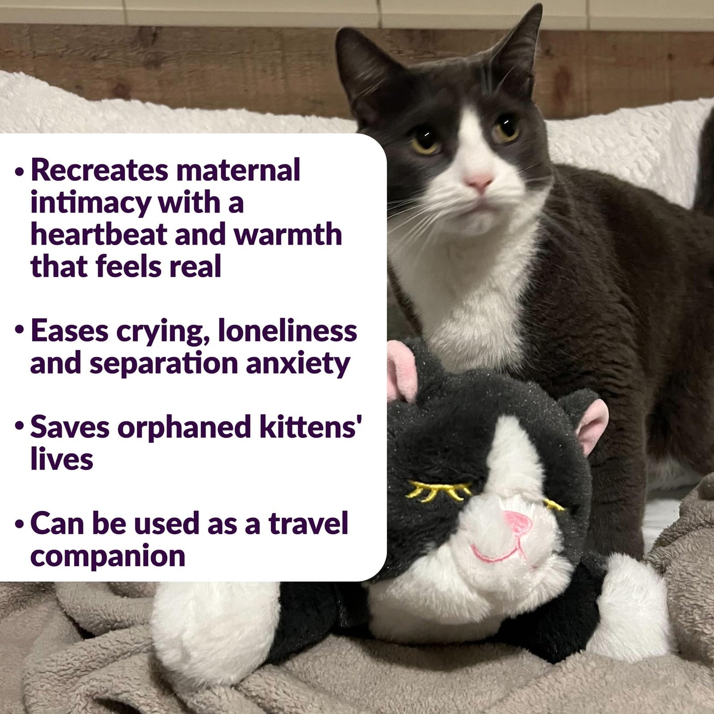 Snuggle Kitty Heartbeat Cat Toy for Kittens and Cats with Real-Feel Pulse and Heat Pack, Calming Sleep Aid for Cat Anxiety, New Kitten Essentials - Grey and White