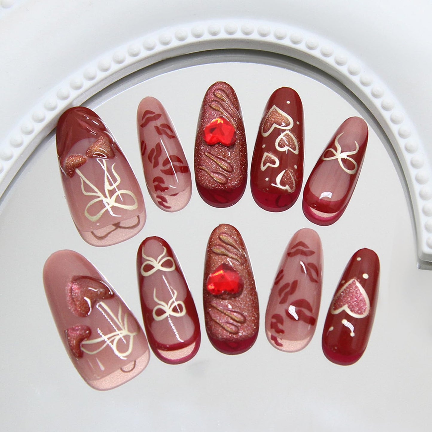 Press on Nails Medium Oval Artificial Acrylic Fake Nails French Red 3D Cherry Hollow Bow with Love Heart Rhinestones Stick on Nail Full Cover Reusable Coffin Artificial Fingernails for Women Manicure