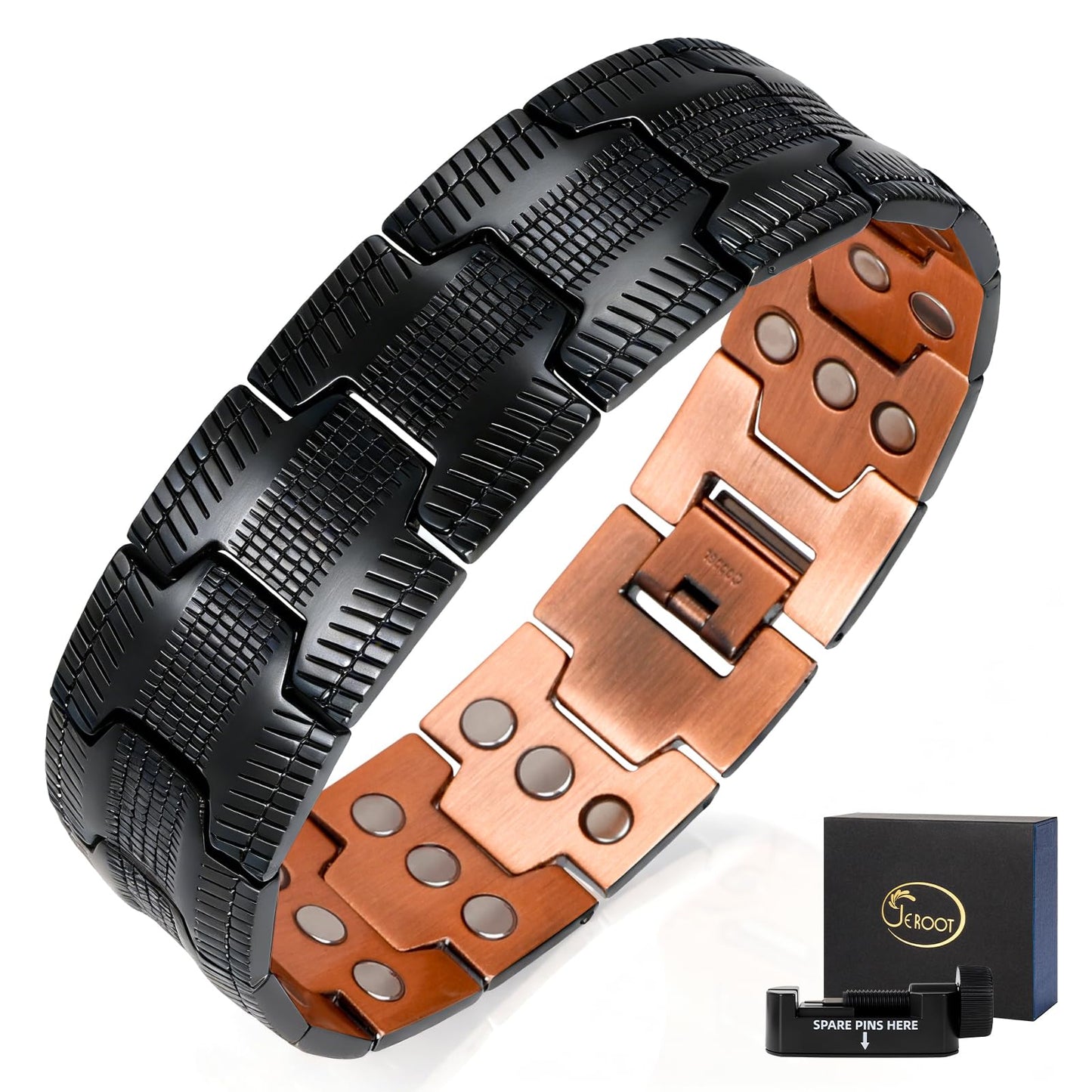 JEROOT Men's 99.99% Pure Copper Magnetic Bracelet, 3500 Gauss Magnets Adjustable with Sizing Tool